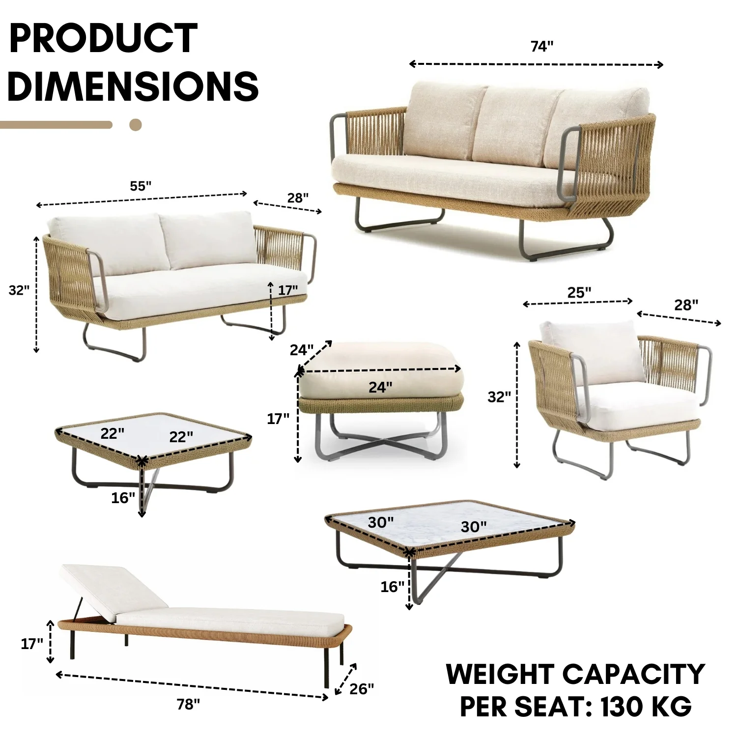 10 Seater Outdoor Rope Sofa Set with Ottoman, Loungers, Center Table & Side Tables - Image 3