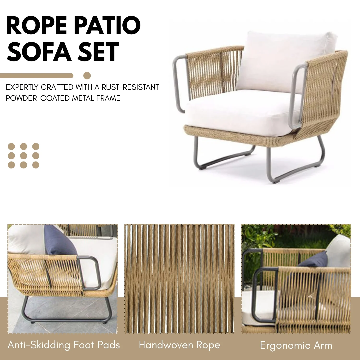 10 Seater Outdoor Rope Sofa Set with Ottoman, Loungers, Center Table & Side Tables - Image 7