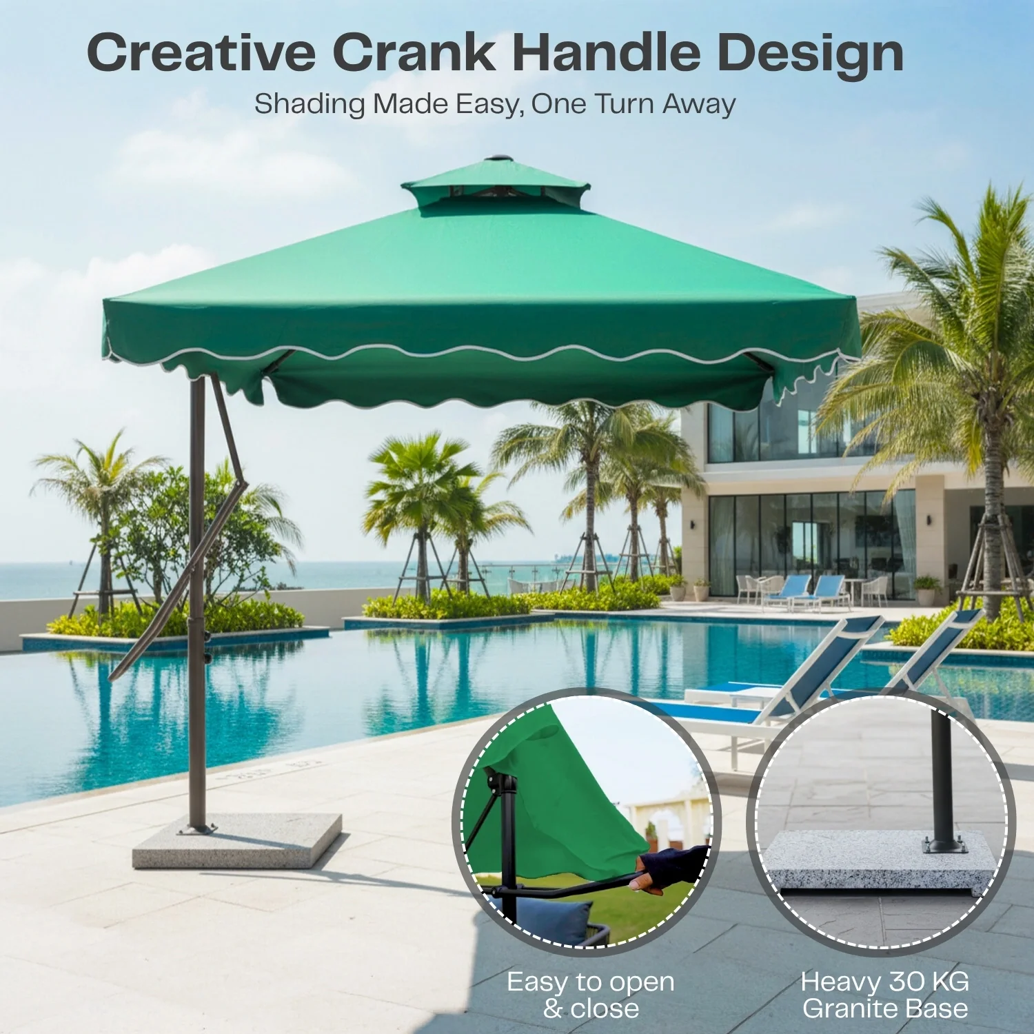 10ft Side Pole Square Shape Outdoor Umbrella With Granite Base (Green) - Image 7