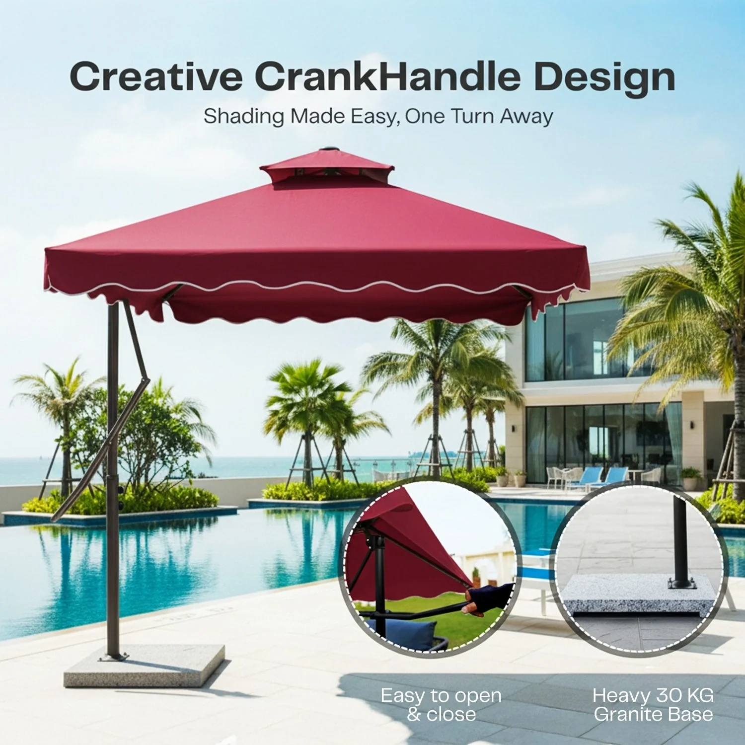 10ft Side Pole Square Shape Outdoor Umbrella With Granite Base (Maroon) - Image 8