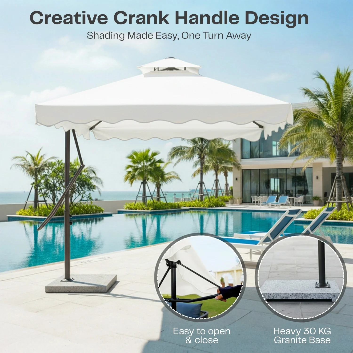 10ft Side Pole Square Shape Outdoor Umbrella With Granite Base (White) - Image 8