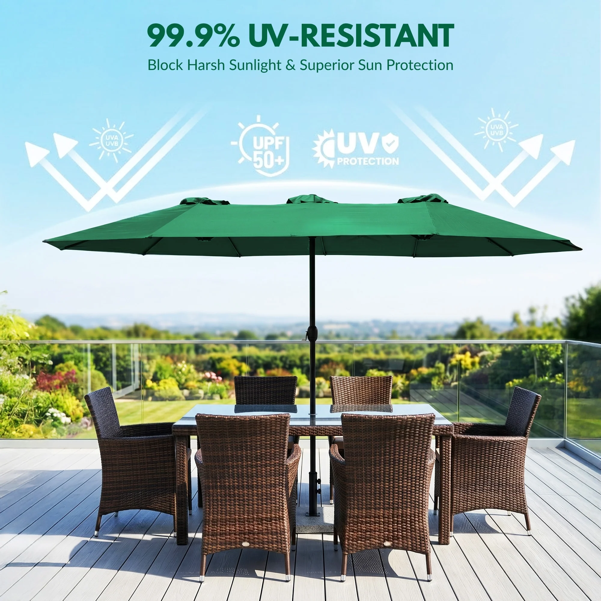 15FT Double-Sided Outdoor Patio Umbrella with Granite Base (Green) - Image 4