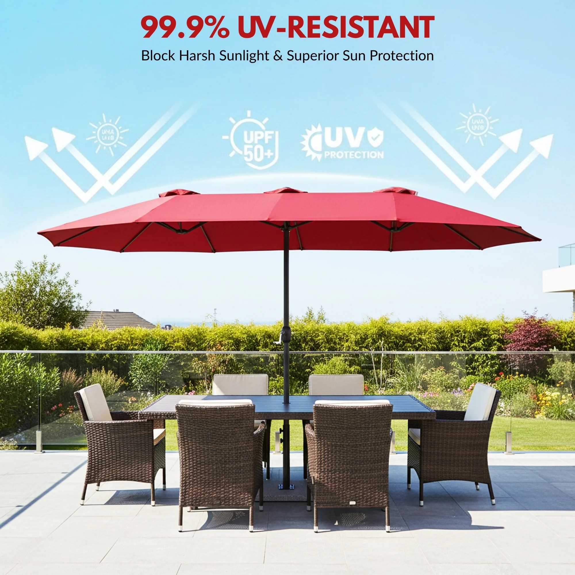 15FT Double-Sided Outdoor Patio Umbrella with Granite Base (Maroon) - Image 4