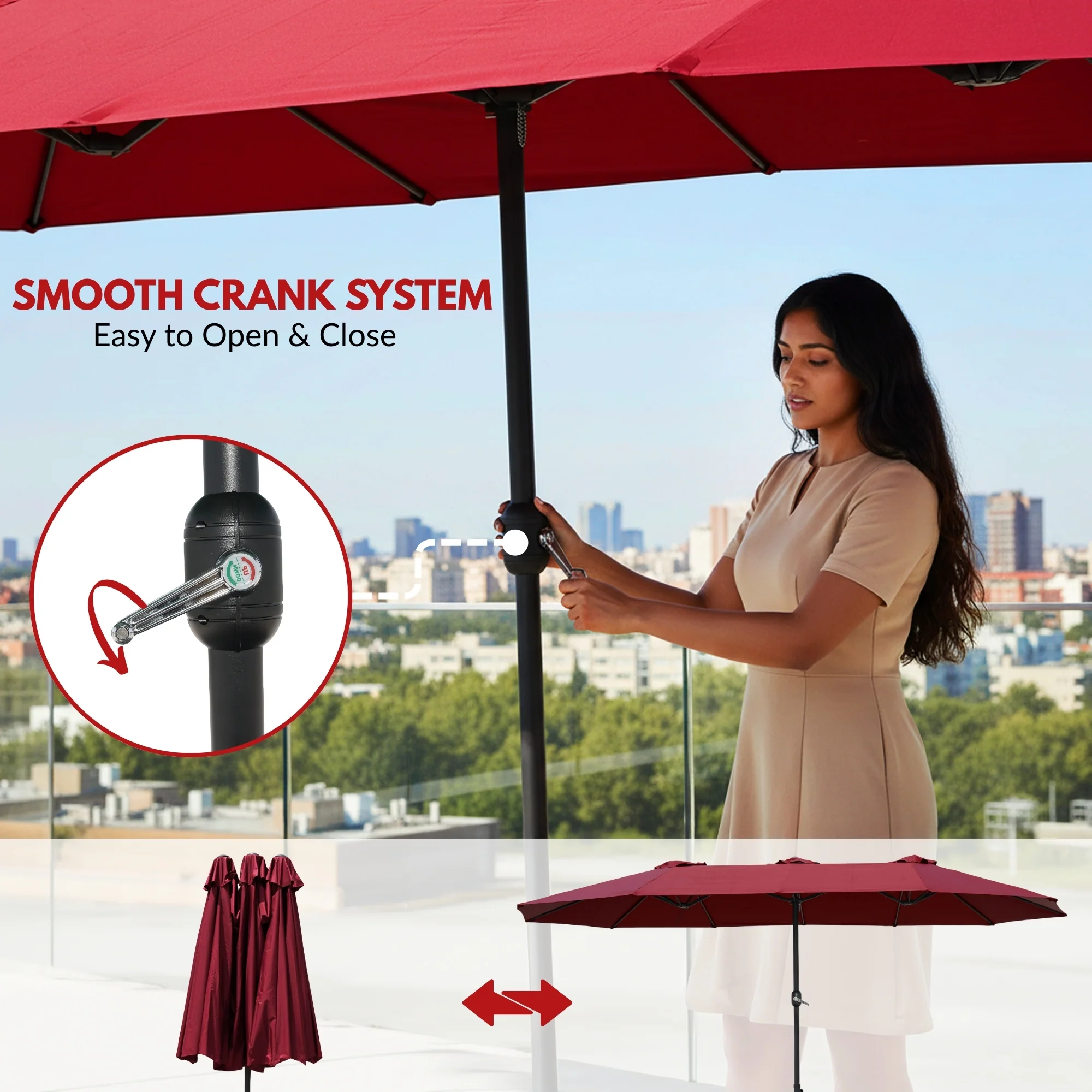 15FT Double-Sided Outdoor Patio Umbrella with Granite Base (Maroon) - Image 5