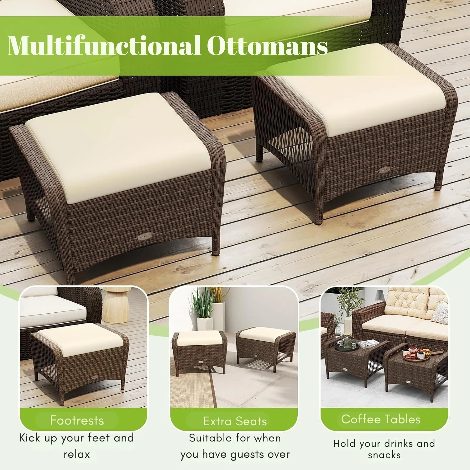 2-Piece Outdoor Rattan Wicker Ottoman Set - Image 7