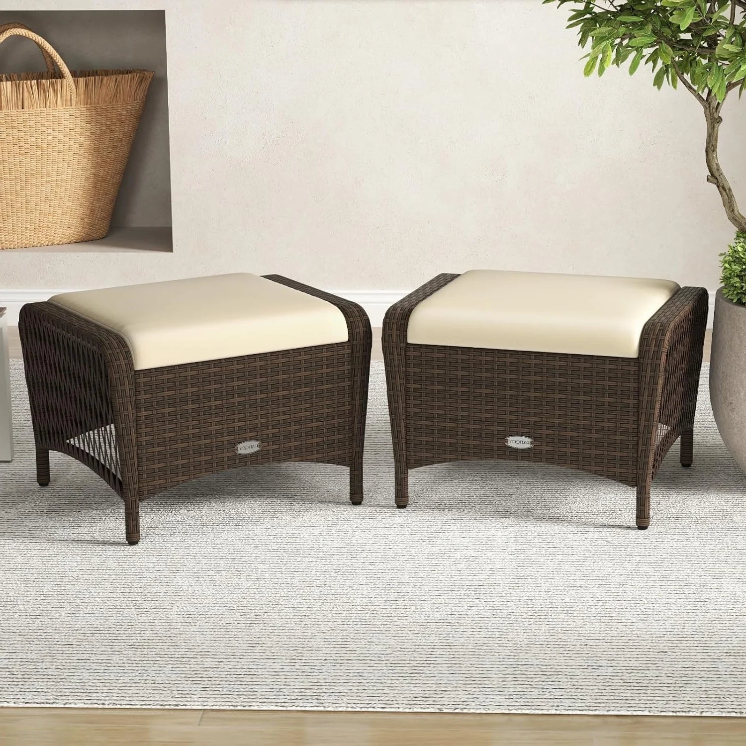 2-Piece Outdoor Rattan Wicker Ottoman Set - Image 8