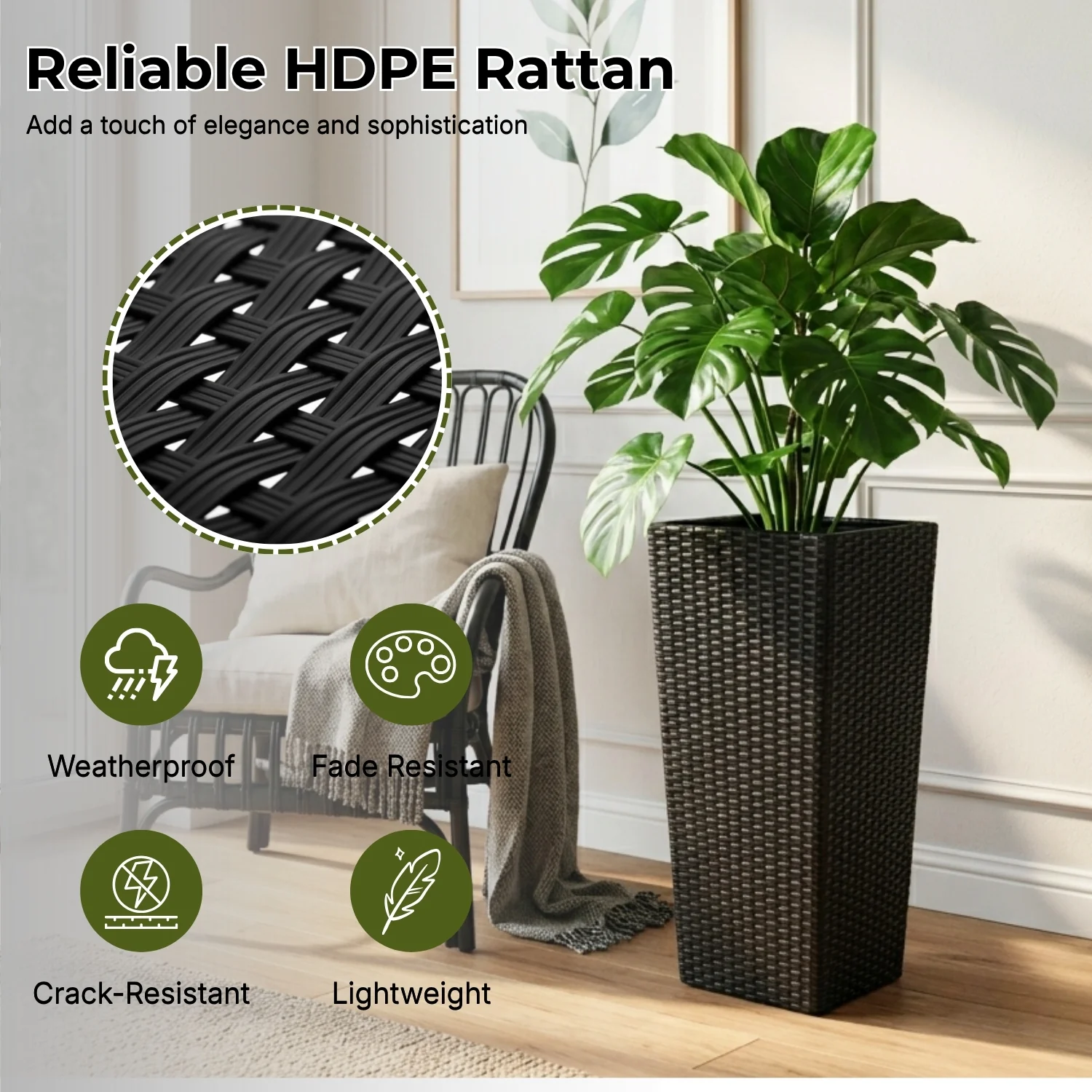 2-Piece Outdoor Rattan Wicker Tall Square Planters (Black) - Image 3