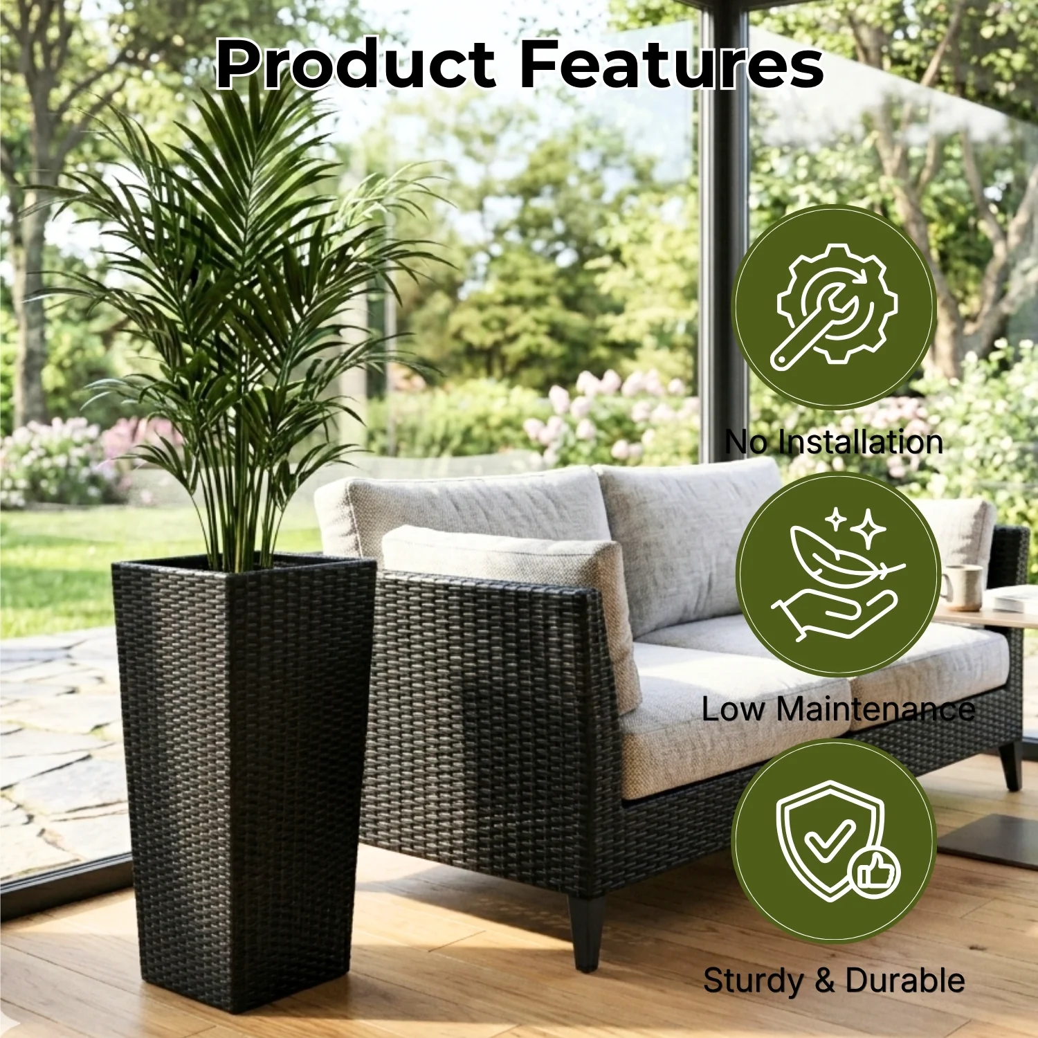 2-Piece Outdoor Rattan Wicker Tall Square Planters (Black) - Image 4