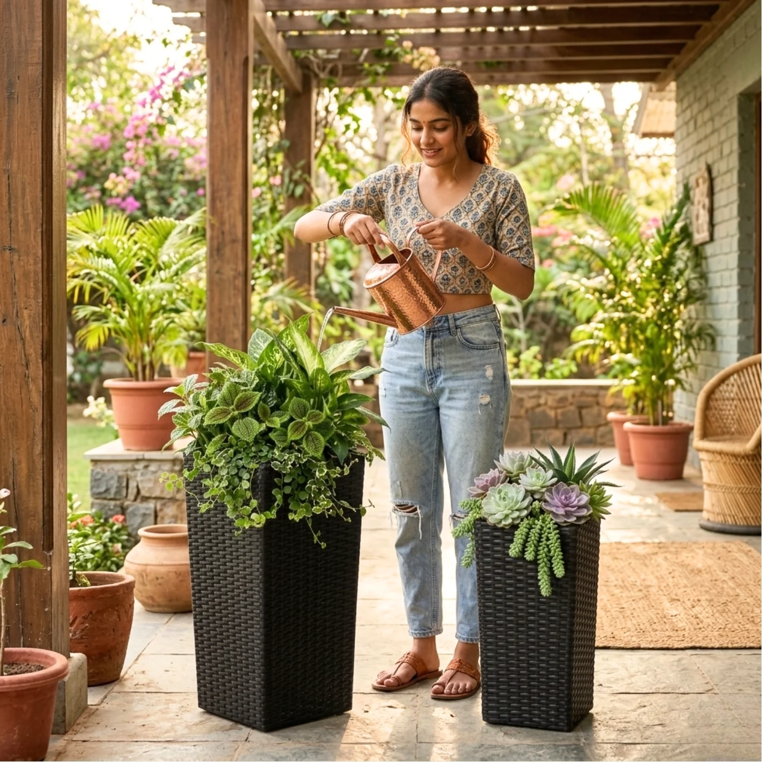 2-Piece Outdoor Rattan Wicker Tall Square Planters (Black) - Image 5