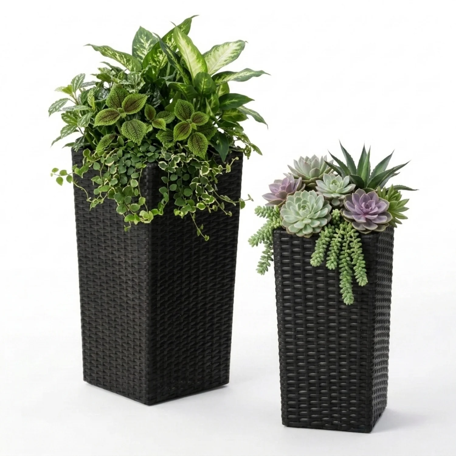 2-Piece Outdoor Rattan Wicker Tall Square Planters (Black) - Image 6