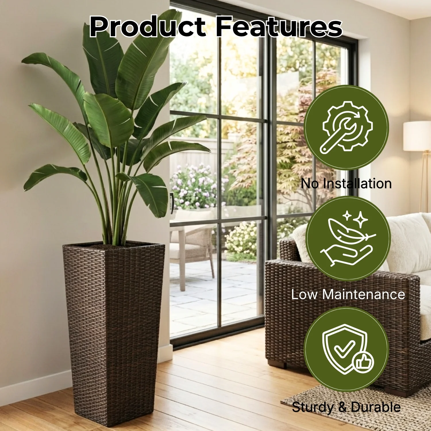 2-Piece Outdoor Rattan Wicker Tall Square Planters (Dark Brown) - Image 4