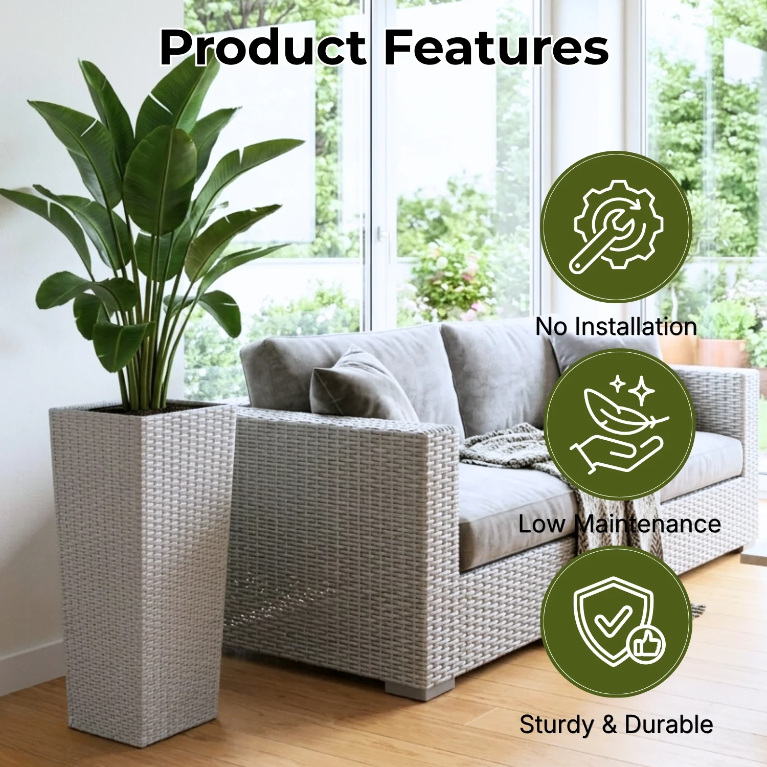 2-Piece Outdoor Rattan Wicker Tall Square Planters (Silver Grey) - Image 4