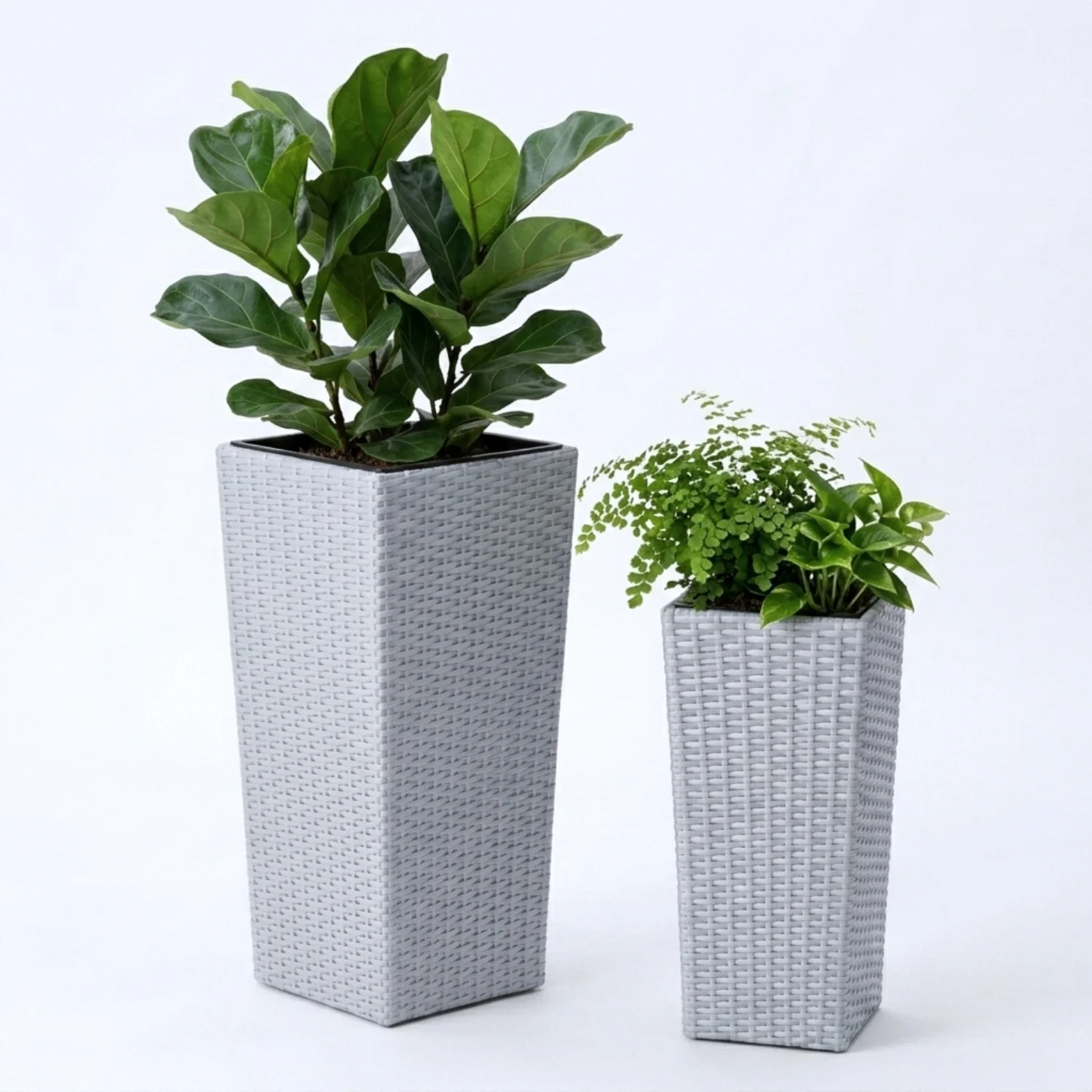 2-Piece Outdoor Rattan Wicker Tall Square Planters (Silver Grey) - Image 6