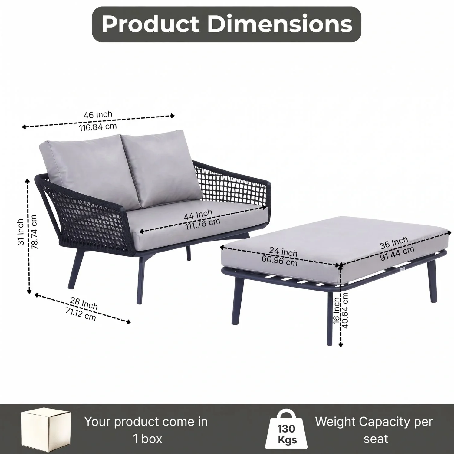 2-Piece Outdoor Rope Loveseat Sofa With Ottoman - Image 3