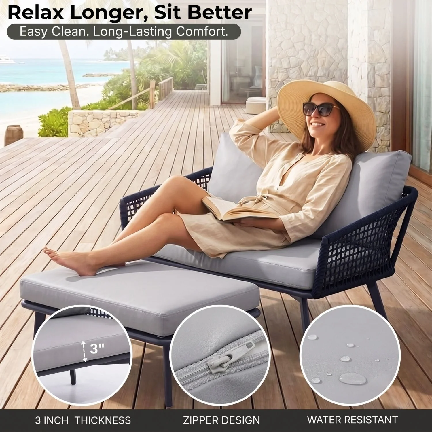 2-Piece Outdoor Rope Loveseat Sofa With Ottoman - Image 5