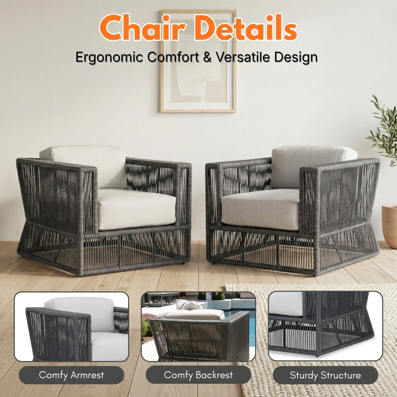 2-Piece Outdoor Rope Sofa Chairs (Grey & Off-White) - Image 6