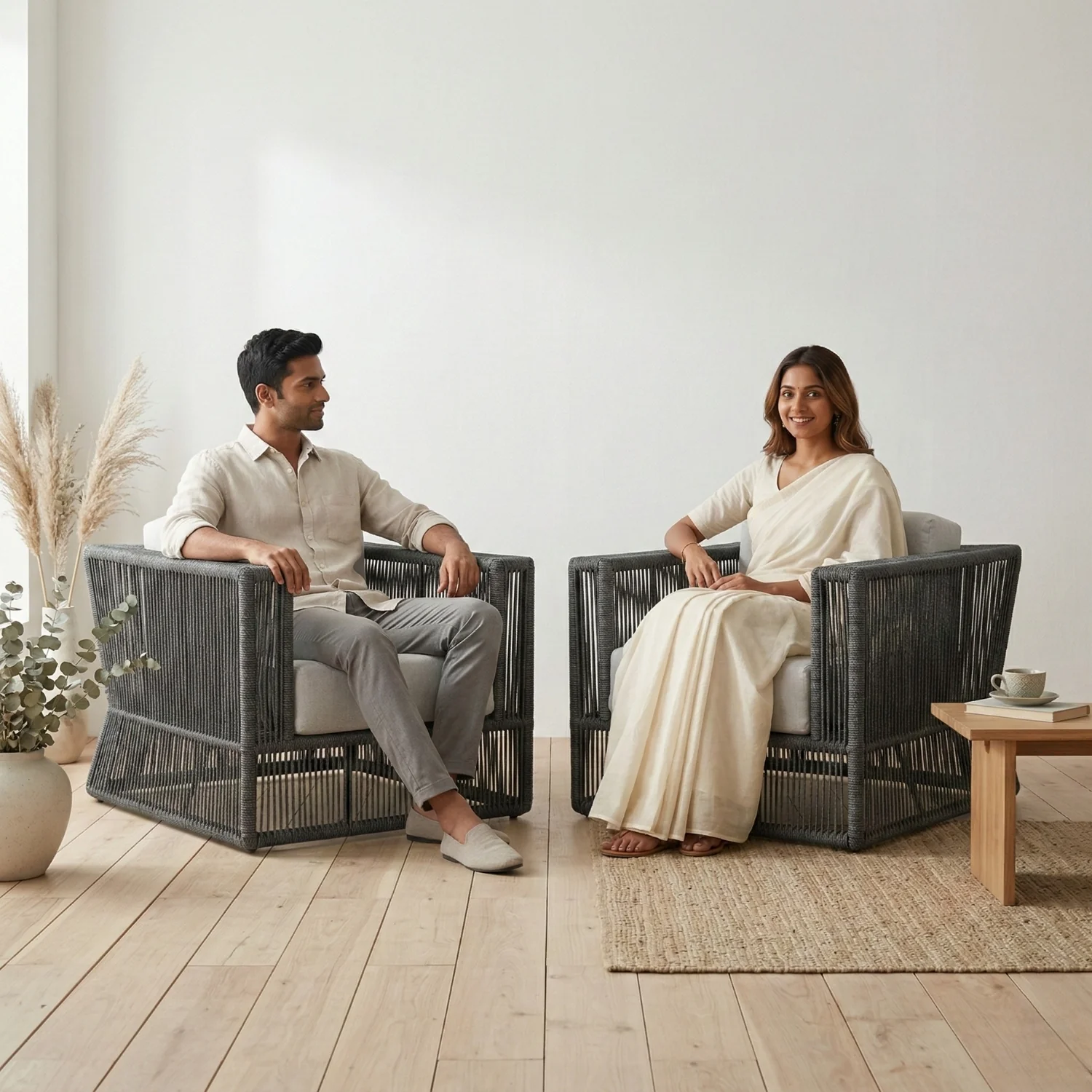 2-Piece Outdoor Rope Sofa Chairs (Grey & Off-White) - Image 7
