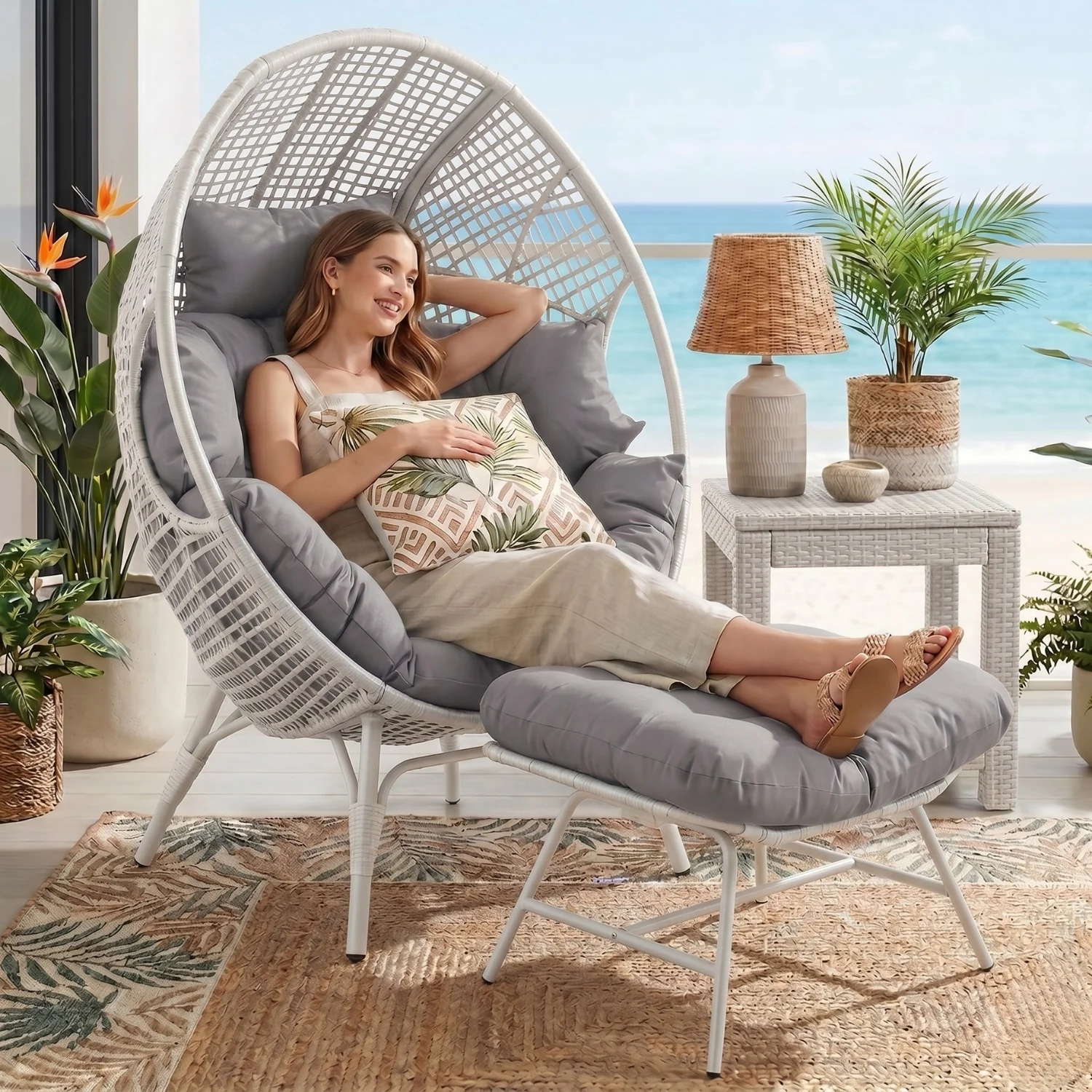 4-Piece Outdoor Wicker Egg Chair Set with Ottomans (White & Grey) - Image 10