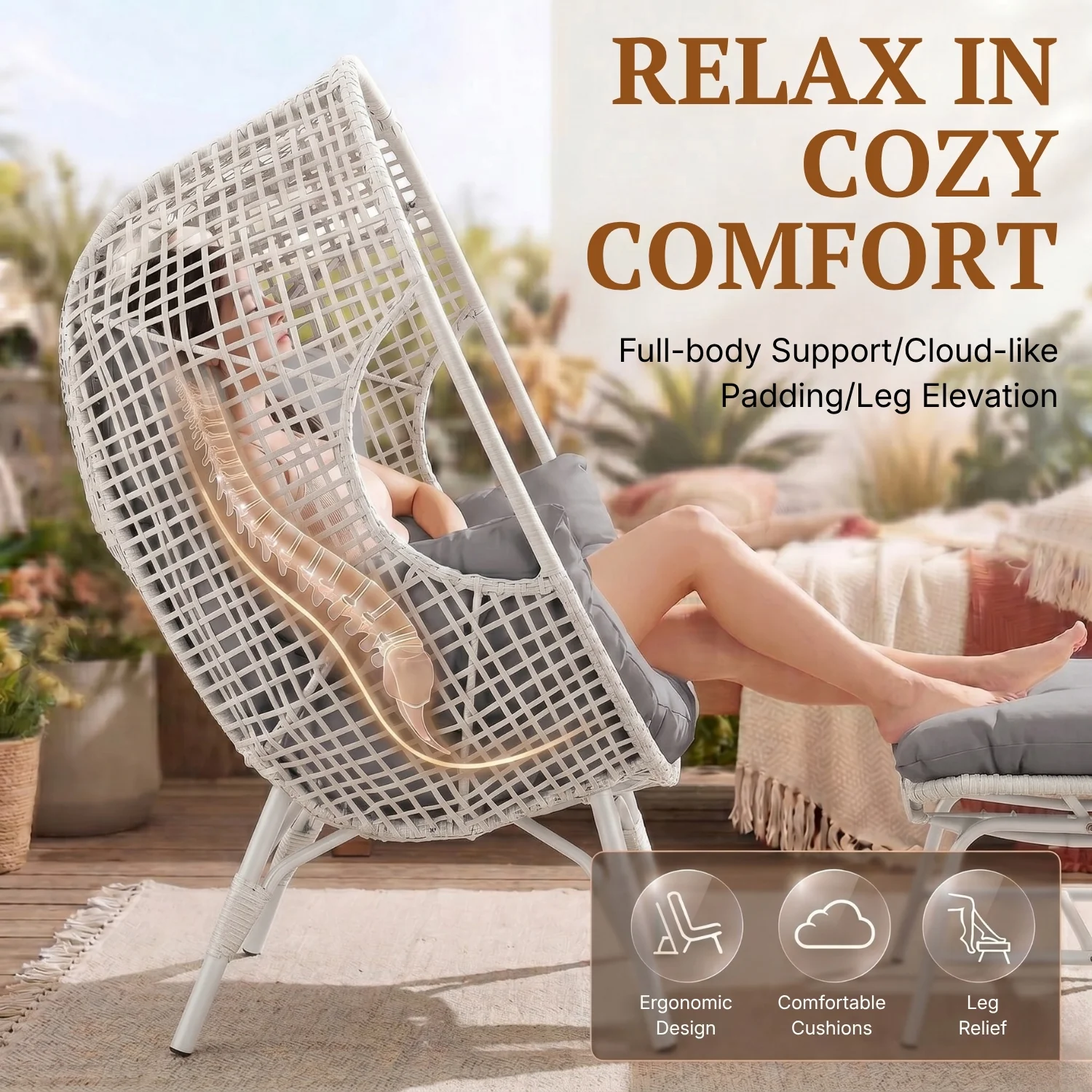 4-Piece Outdoor Wicker Egg Chair Set with Ottomans (White & Grey) - Image 4