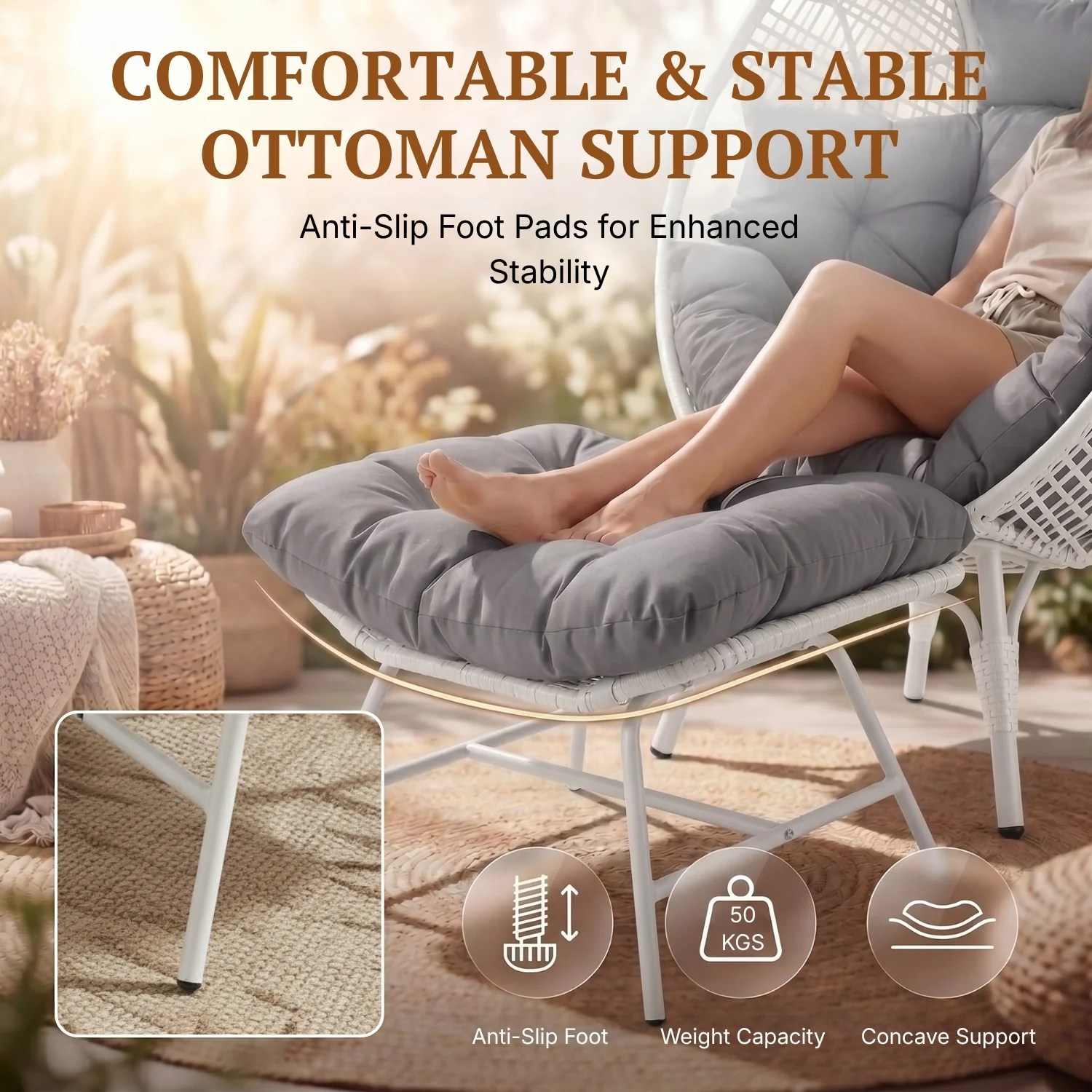 4-Piece Outdoor Wicker Egg Chair Set with Ottomans (White & Grey) - Image 6