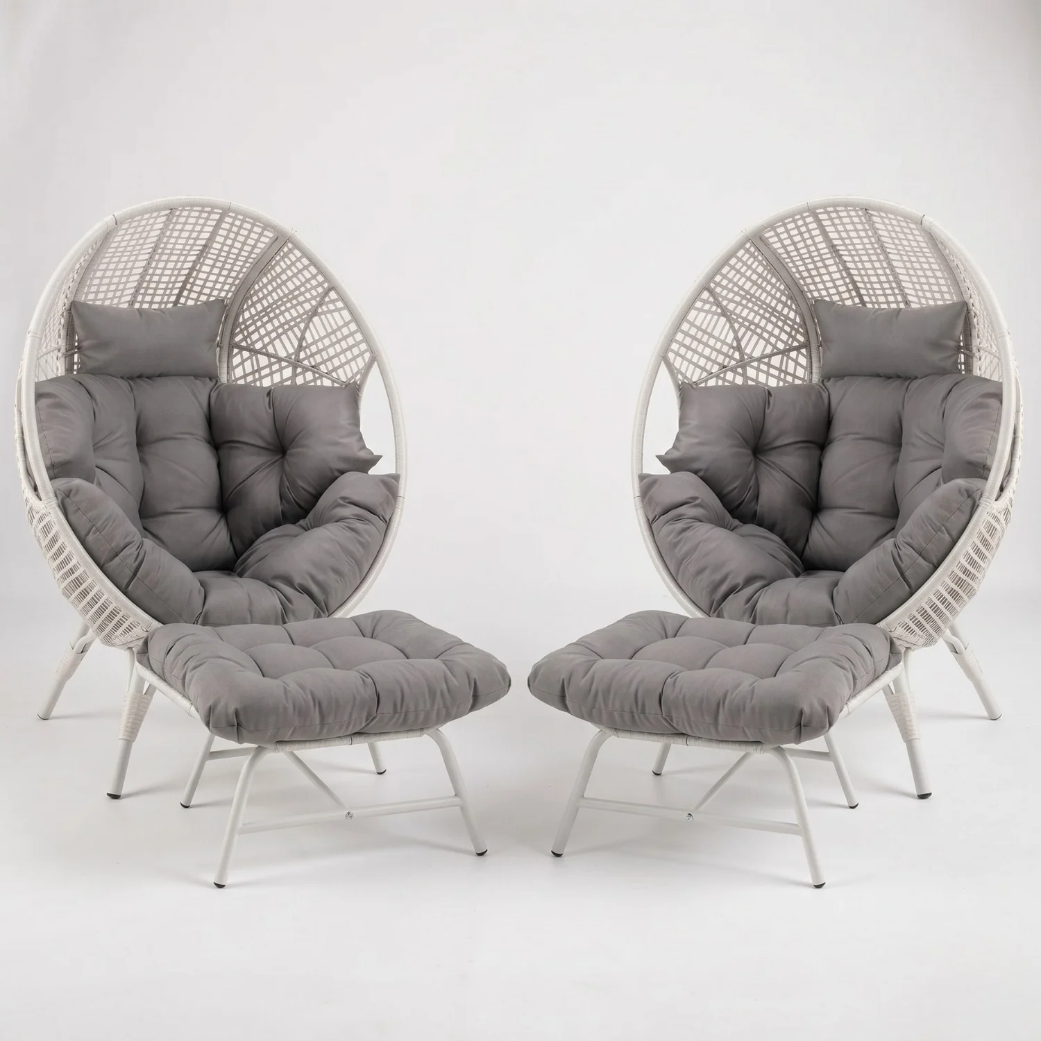 4-Piece Outdoor Wicker Egg Chair Set with Ottomans (White & Grey) - Image 7