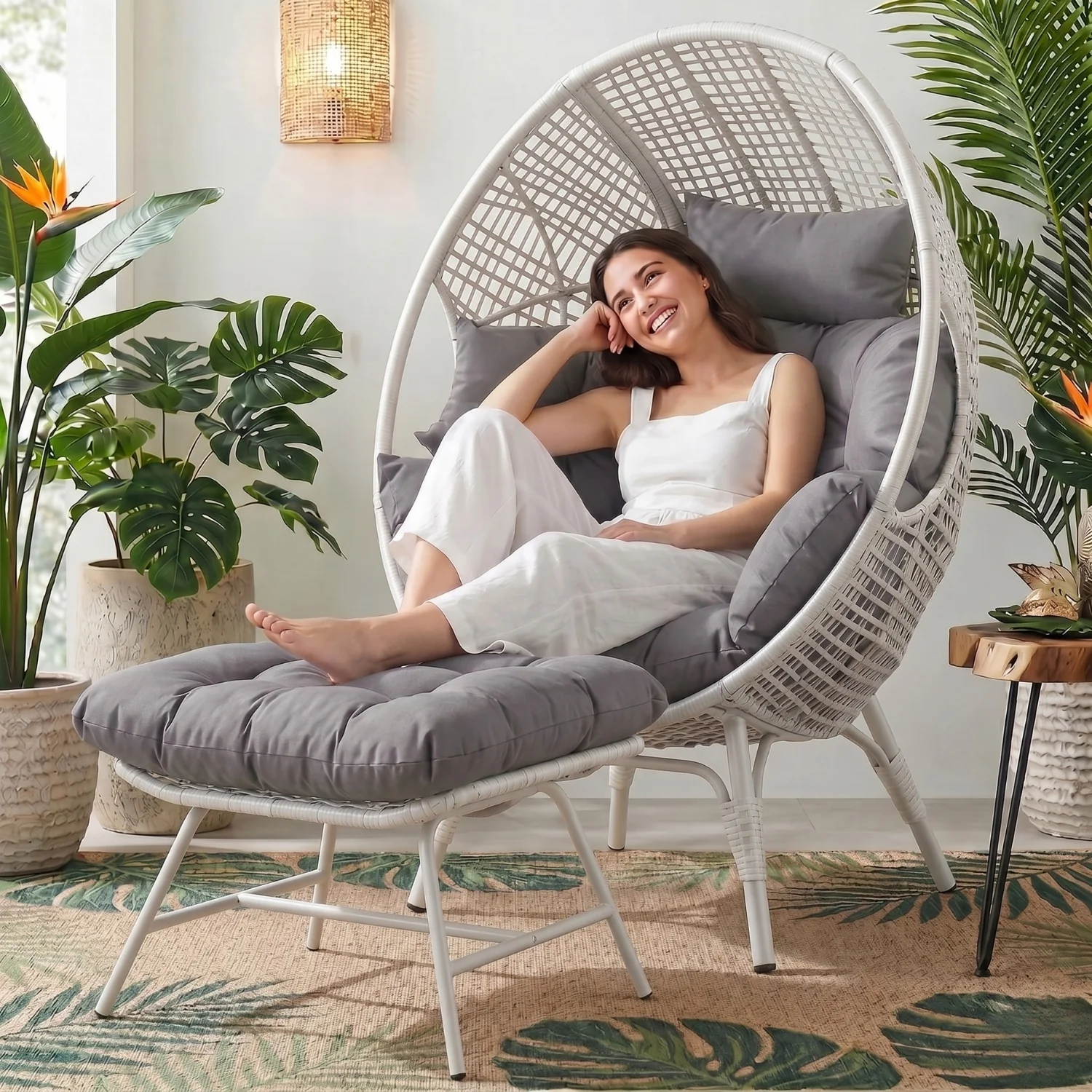 4-Piece Outdoor Wicker Egg Chair Set with Ottomans (White & Grey) - Image 8