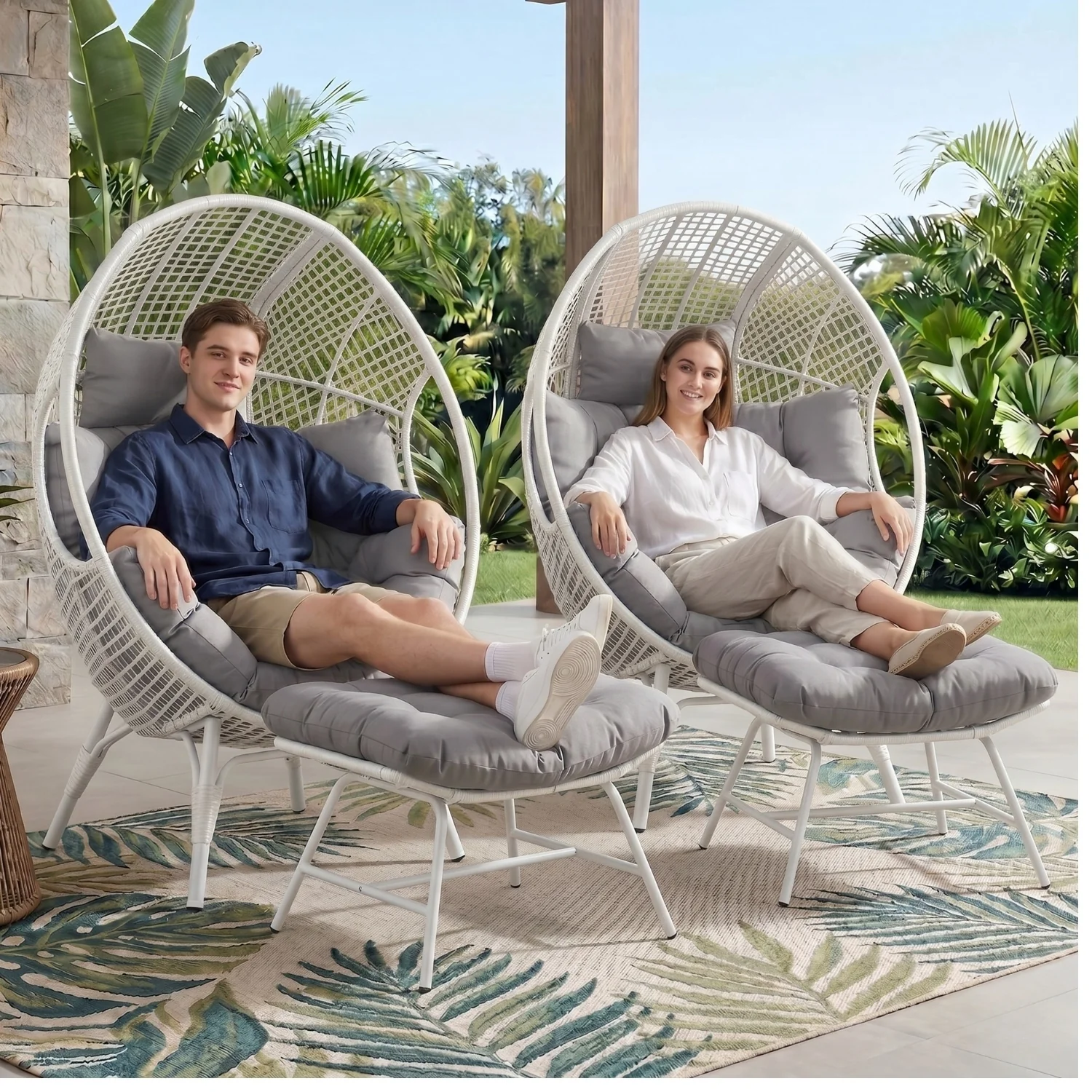 4-Piece Outdoor Wicker Egg Chair Set with Ottomans (White & Grey) - Image 9