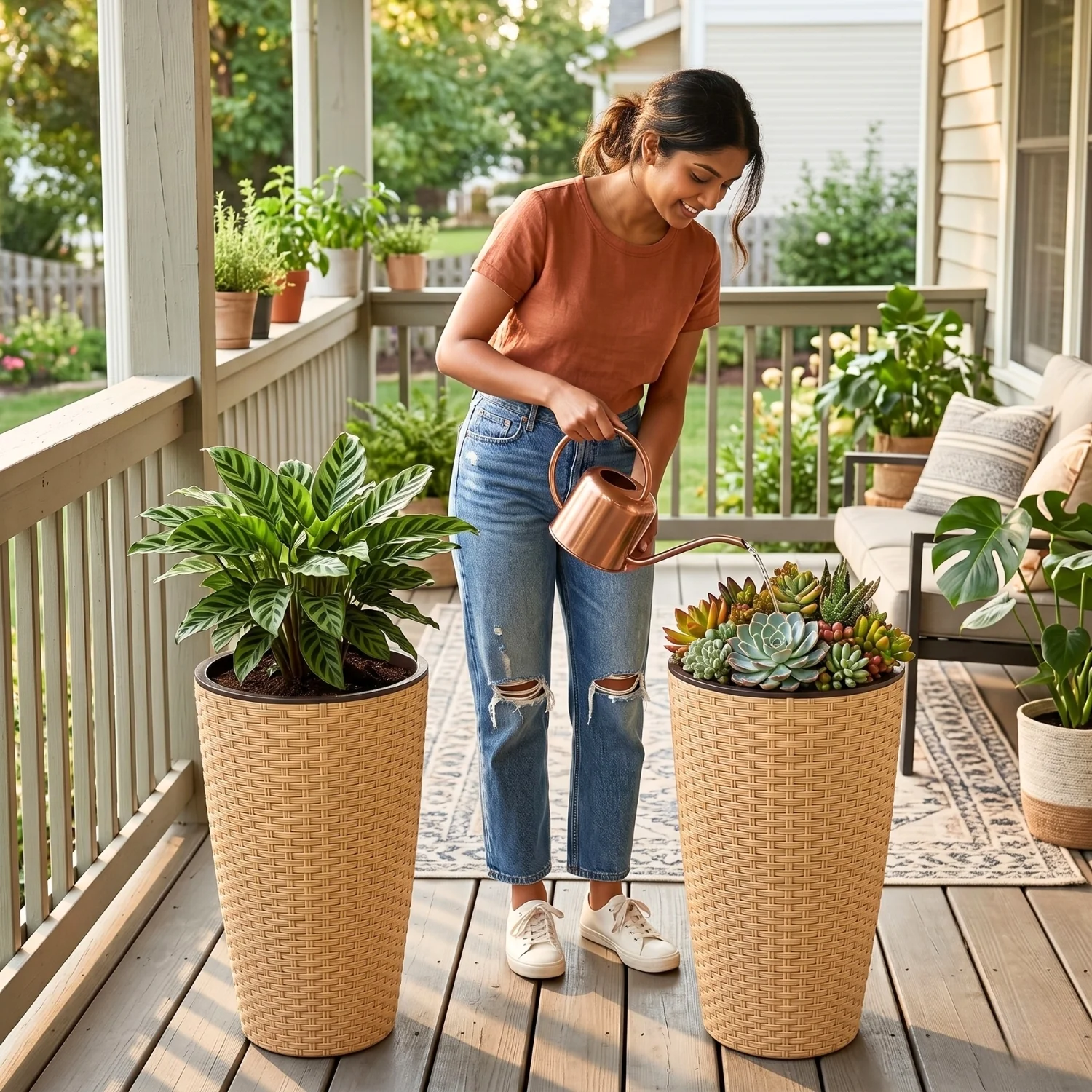 2-Piece Outdoor Wicker Planter Set (Beige) - Image 5