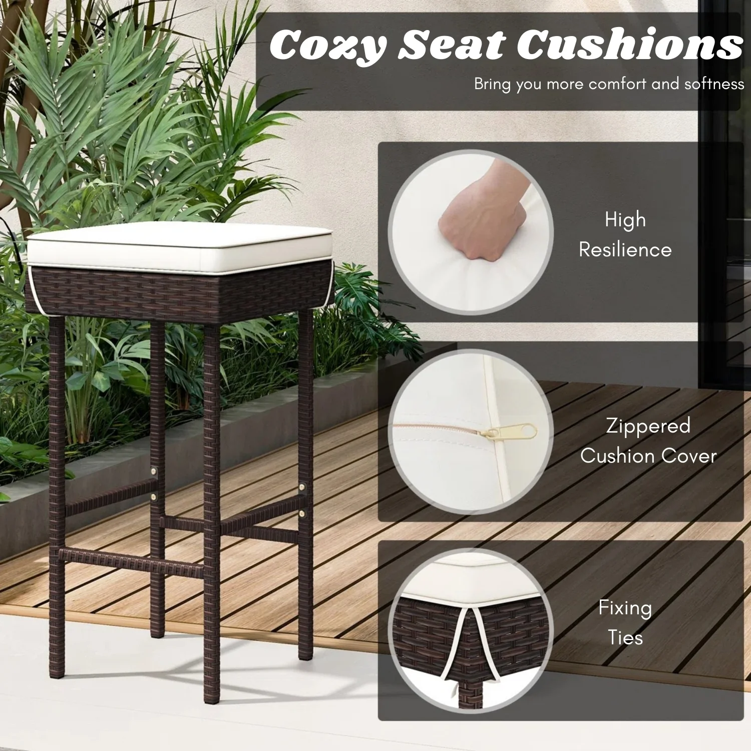 2-Piece Rattan Wicker Patio Bar Stools - Image 5