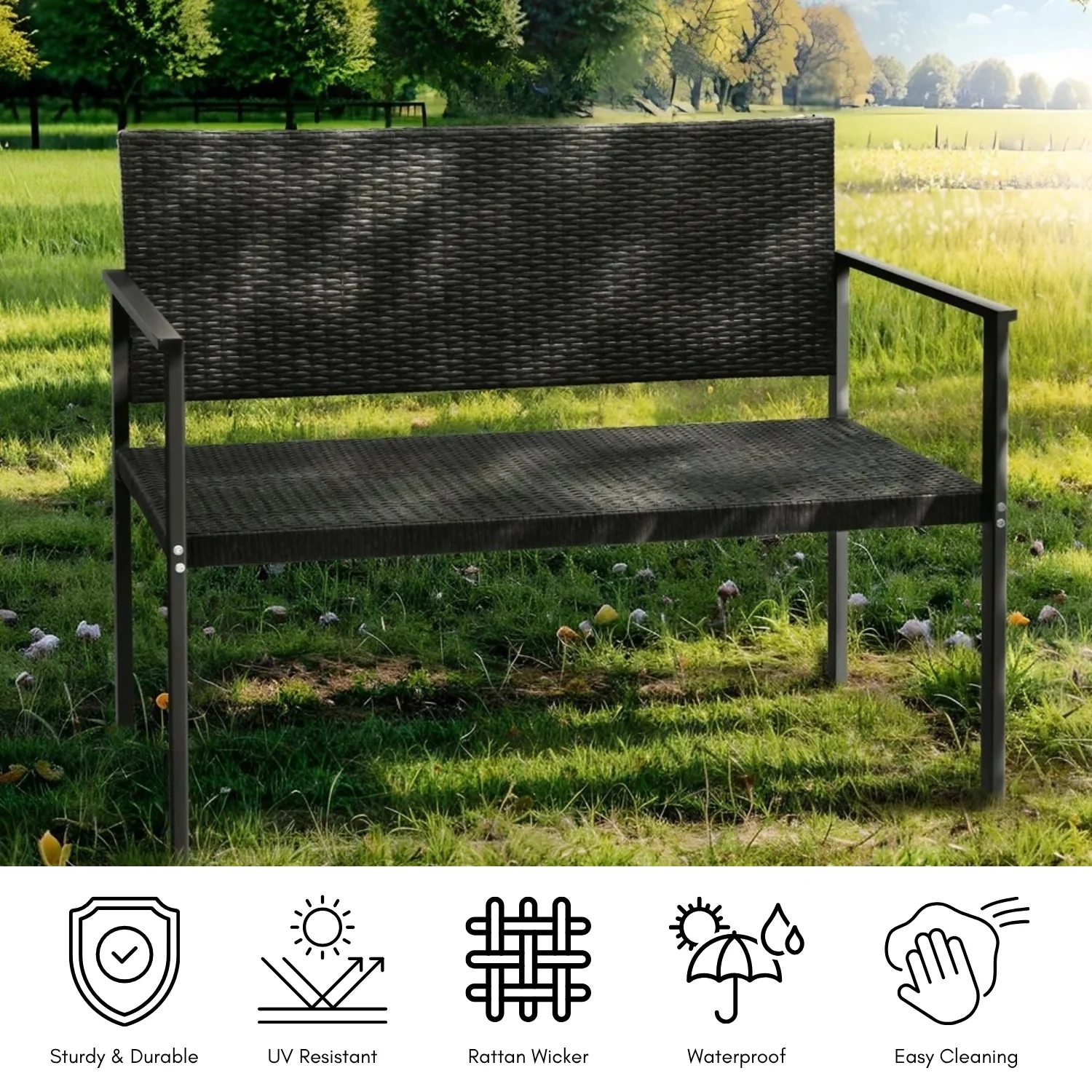 2-Seater Outdoor Garden Rattan Bench With Metal Frames - Image 5