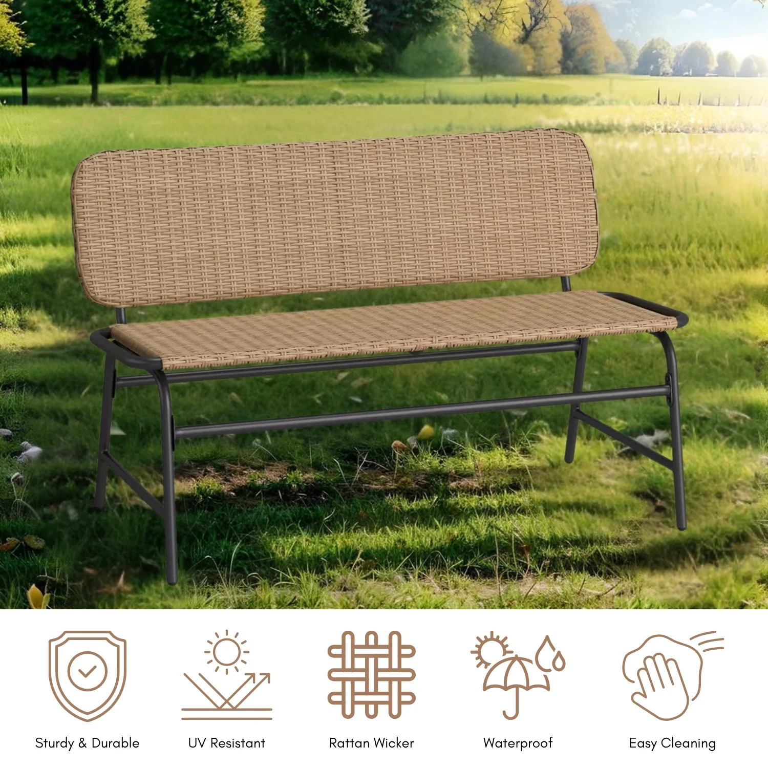 2-Seater Outdoor Garden Rattan Bench With Metal Frames - Image 5