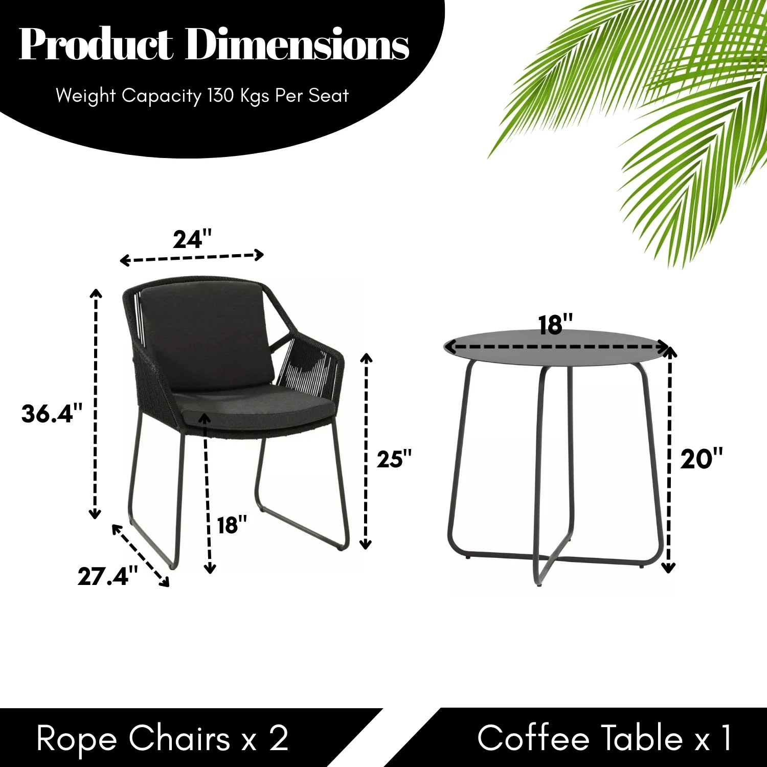 3 Piece Garden Outdoor Black Rope Patio Set - Image 2