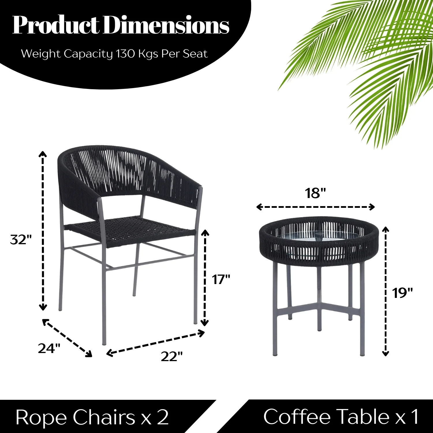 3-Piece Black Rope Outdoor Patio Set - Image 2
