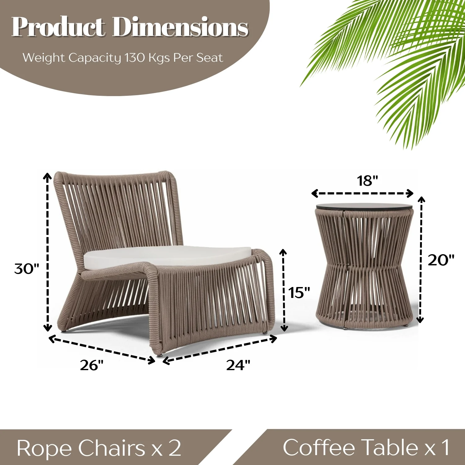 3-Piece Outdoor Beige Rope Patio Set - Image 2