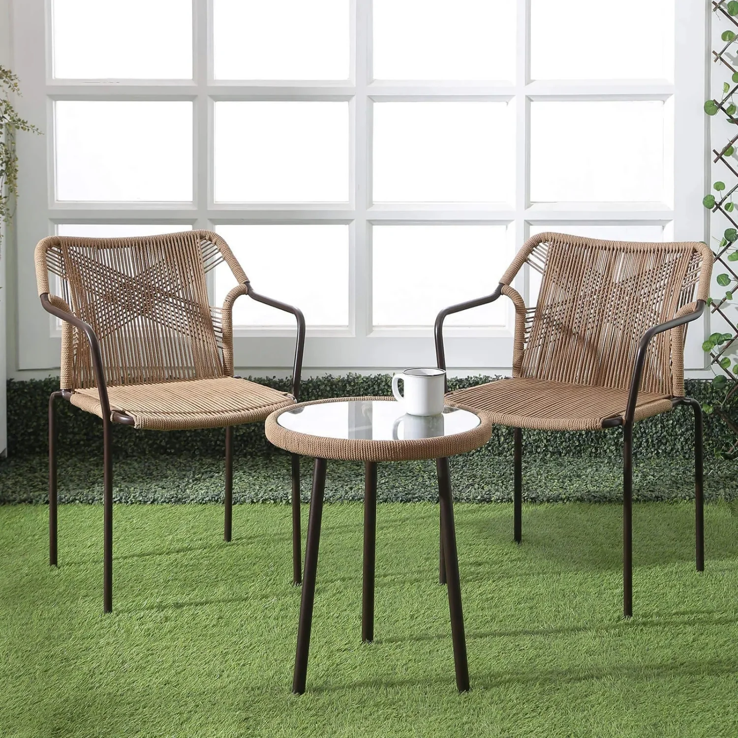 3-Piece Outdoor Beige Rope Patio Set