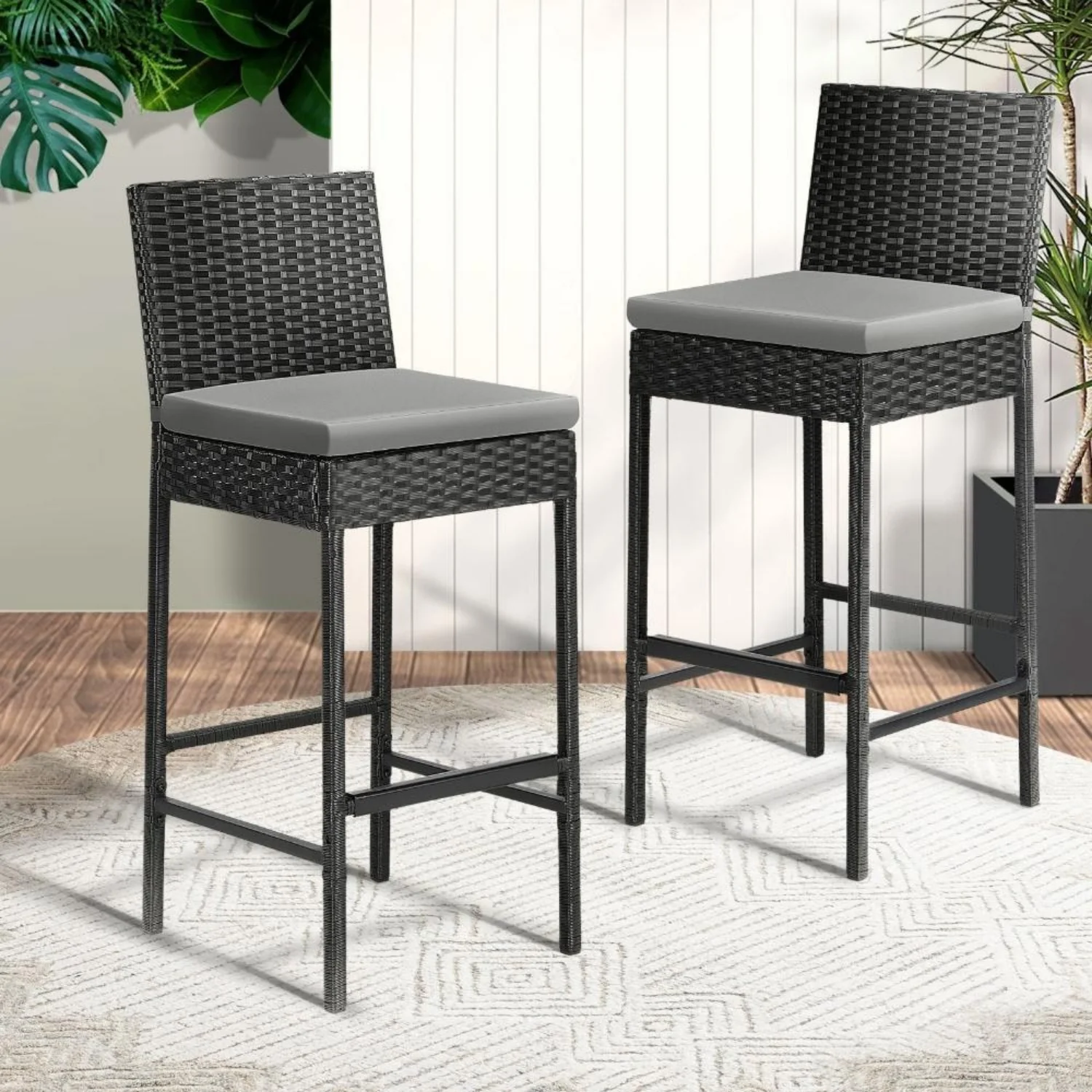 3-Piece Outdoor Rattan Wicker Bar Set with Glass Top Table - Image 14
