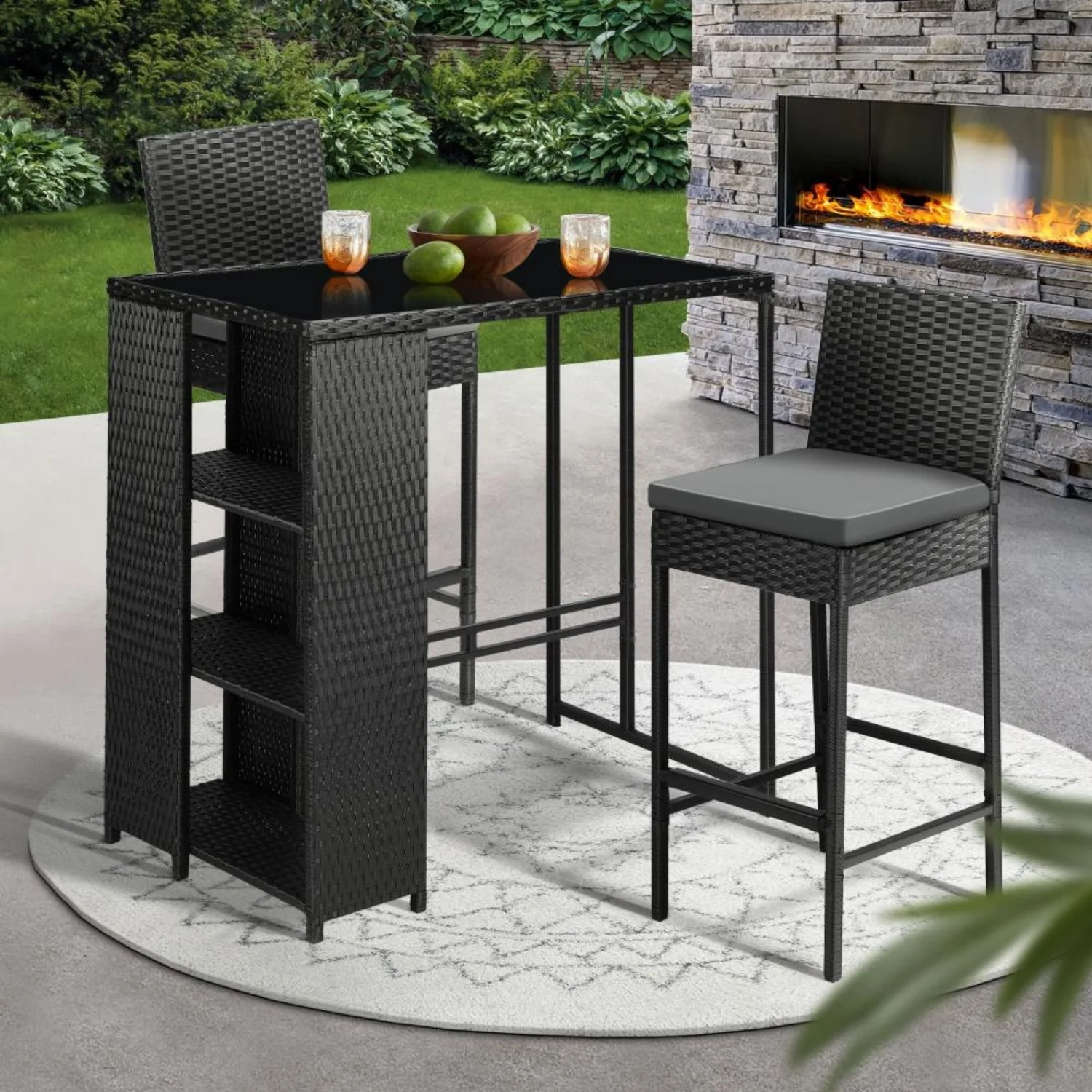 3-Piece Outdoor Rattan Wicker Bar Set with Glass Top Table - Image 15