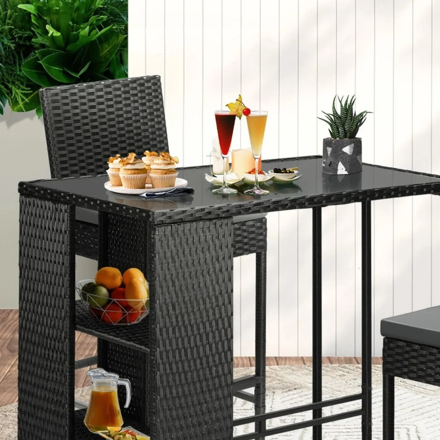 3-Piece Outdoor Rattan Wicker Bar Set with Glass Top Table - Image 4