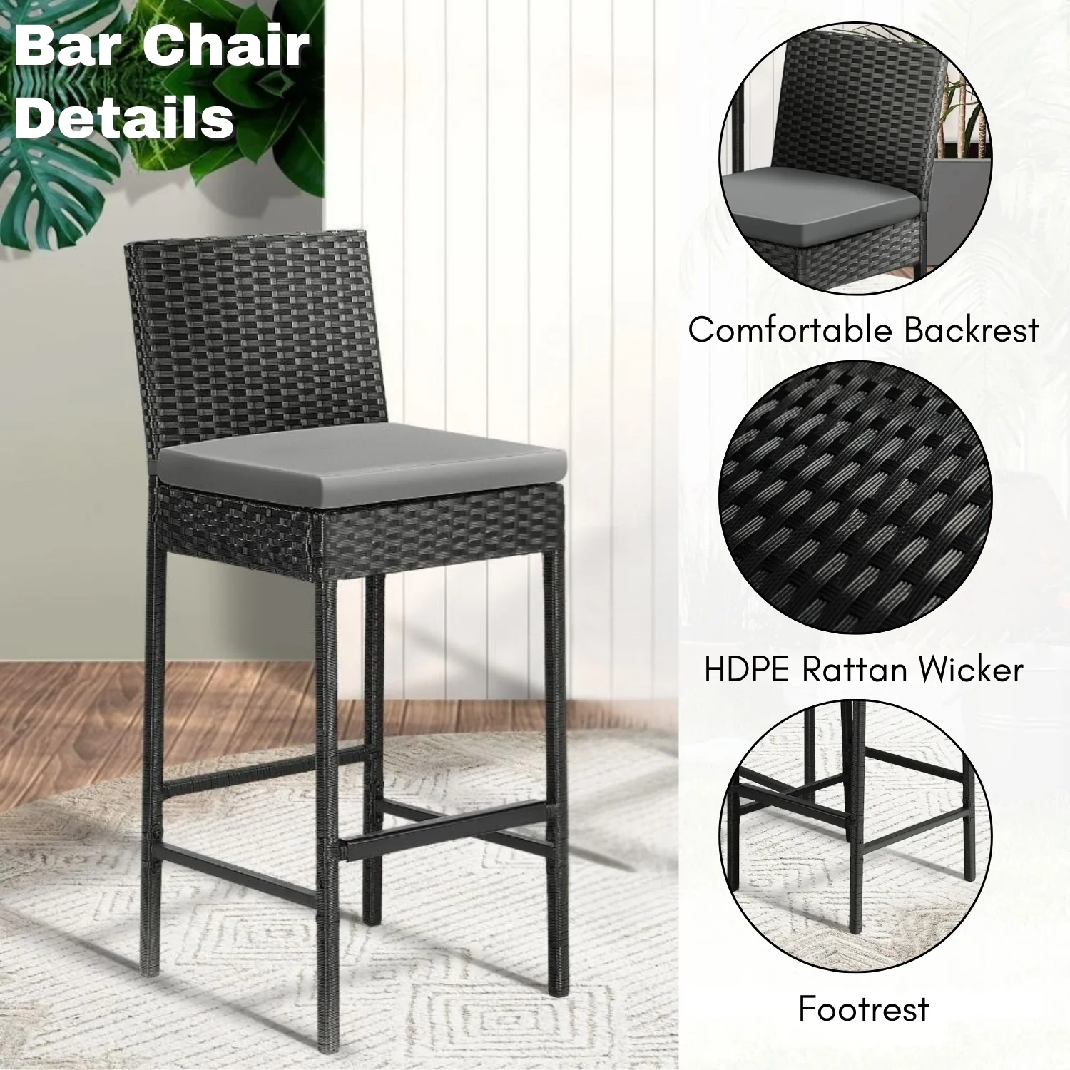 3-Piece Outdoor Rattan Wicker Bar Set with Glass Top Table - Image 6