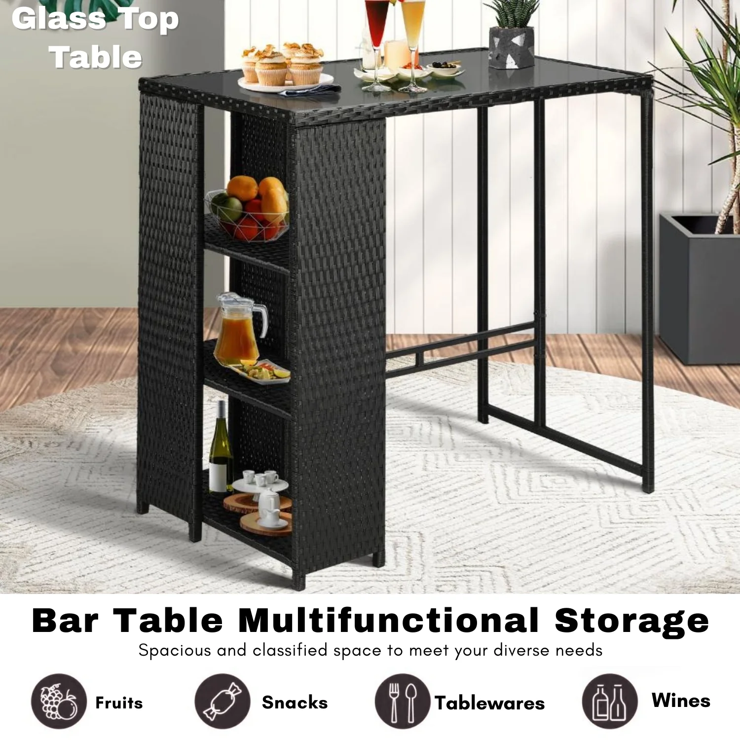 3-Piece Outdoor Rattan Wicker Bar Set with Glass Top Table - Image 8