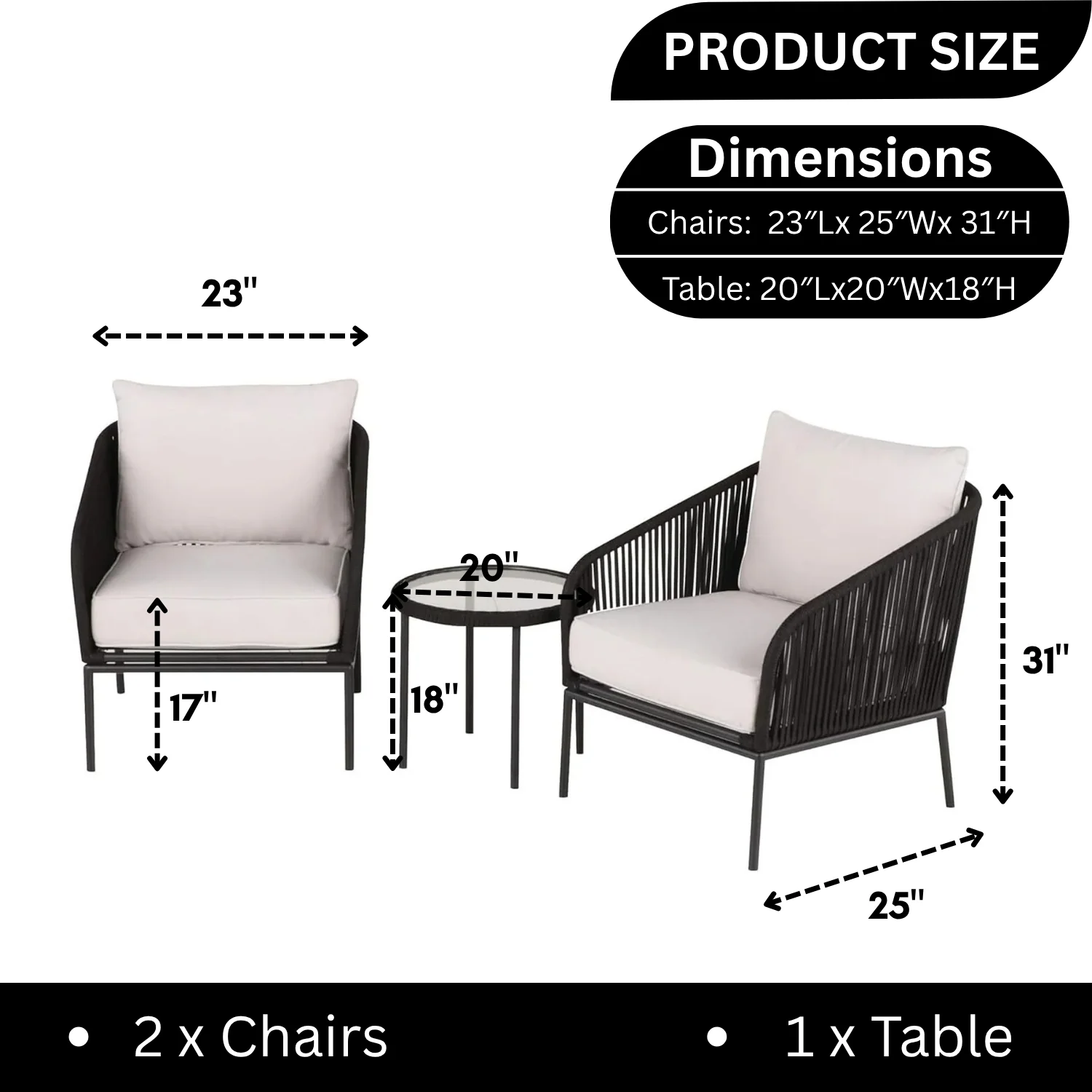 3 Piece Outdoor Rope Bistro Set (Black & White) - Image 2