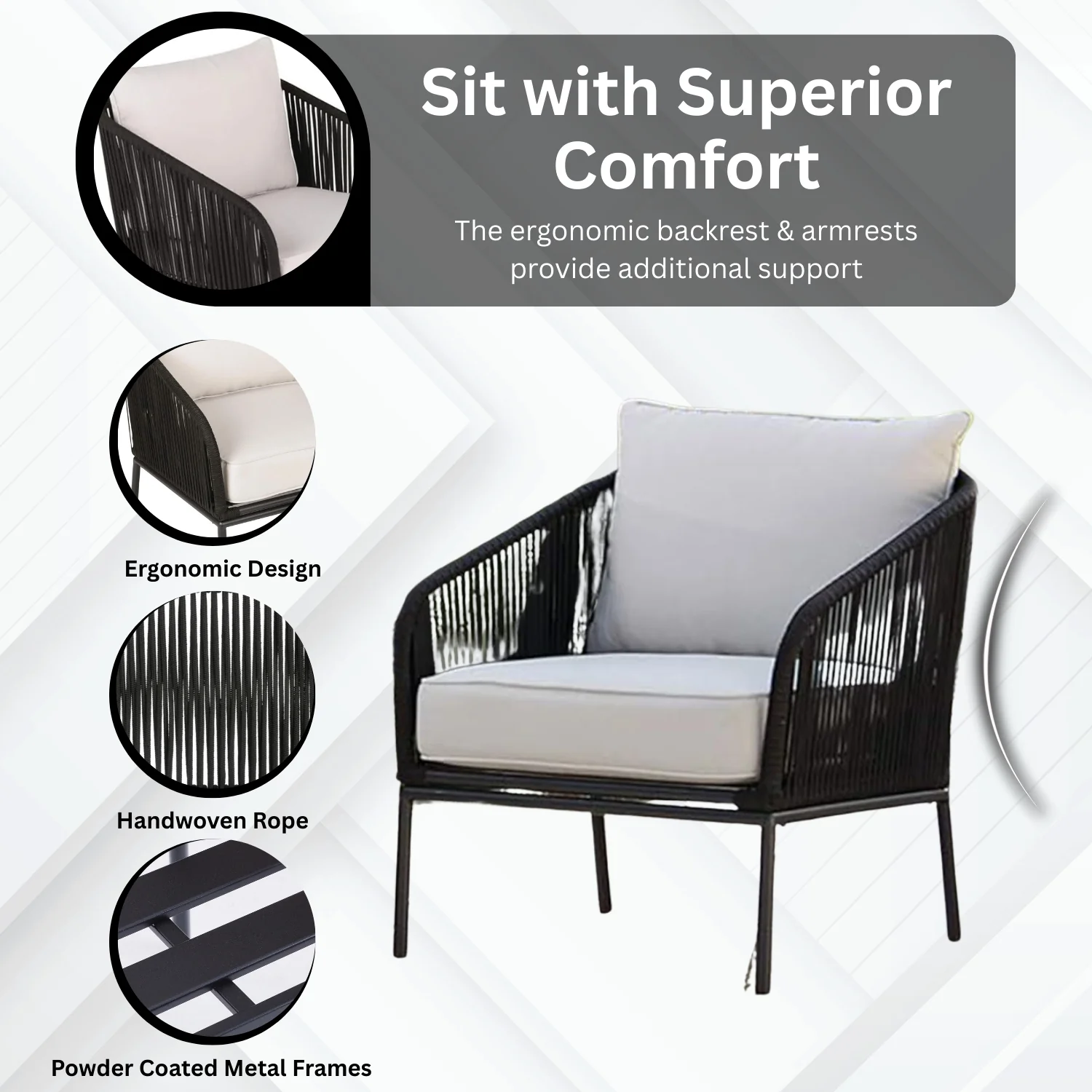 3 Piece Outdoor Rope Bistro Set (Black & White) - Image 5