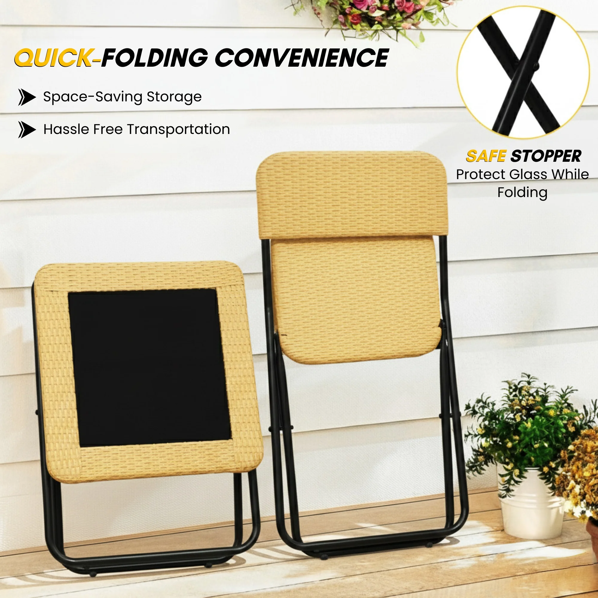 3-Piece Outdoor Wicker Folding Patio Set (Beige) - Image 4