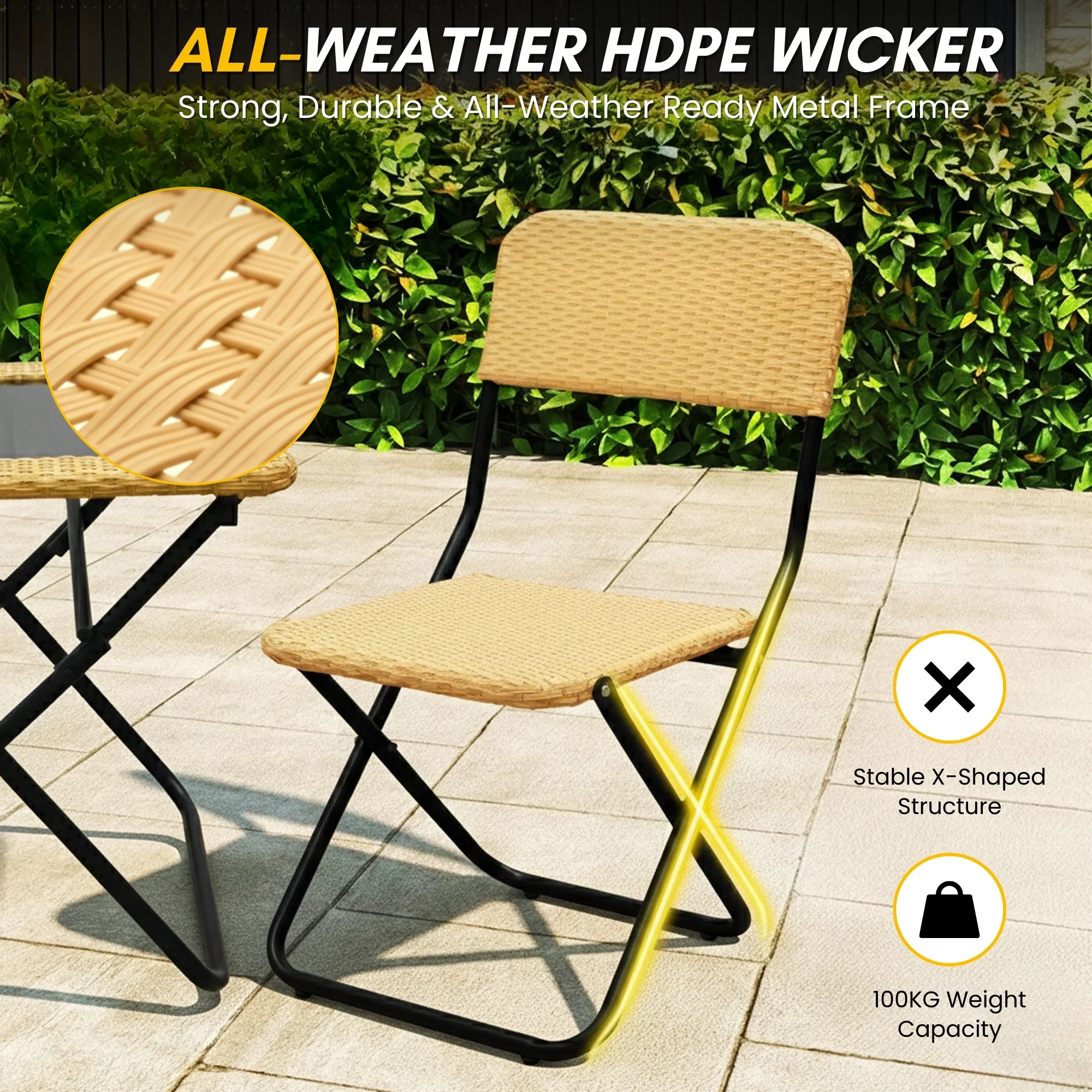 3-Piece Outdoor Wicker Folding Patio Set (Beige) - Image 5