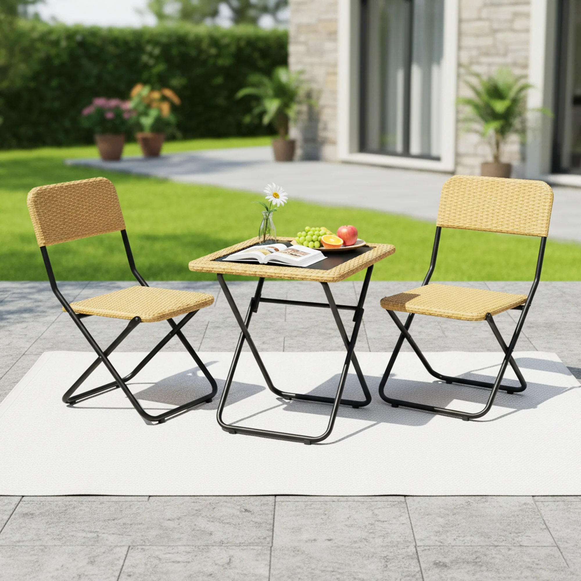 3-Piece Outdoor Wicker Folding Patio Set (Beige) - Image 7