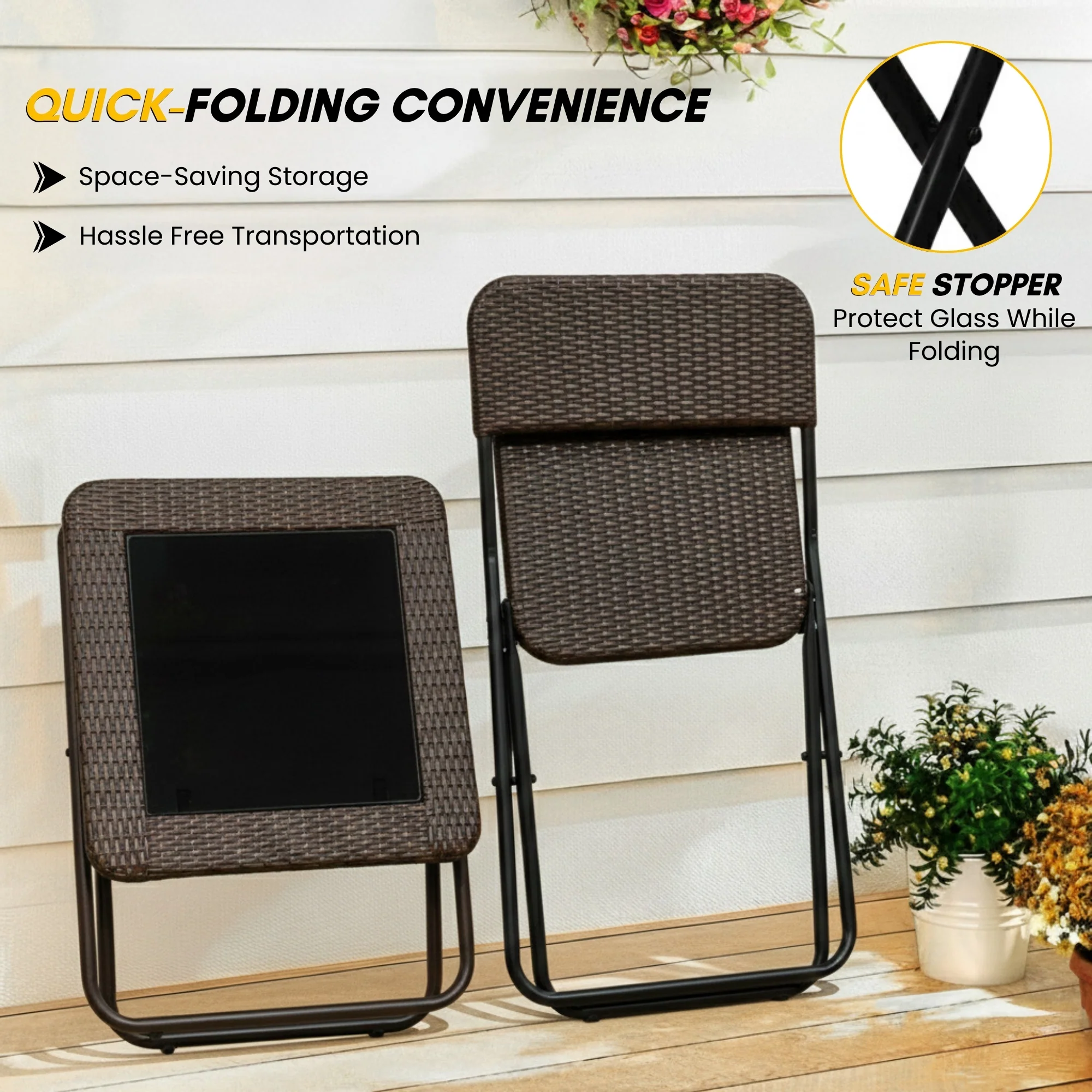 3-Piece Outdoor Wicker Folding Patio Set (Dark Brown) - Image 4