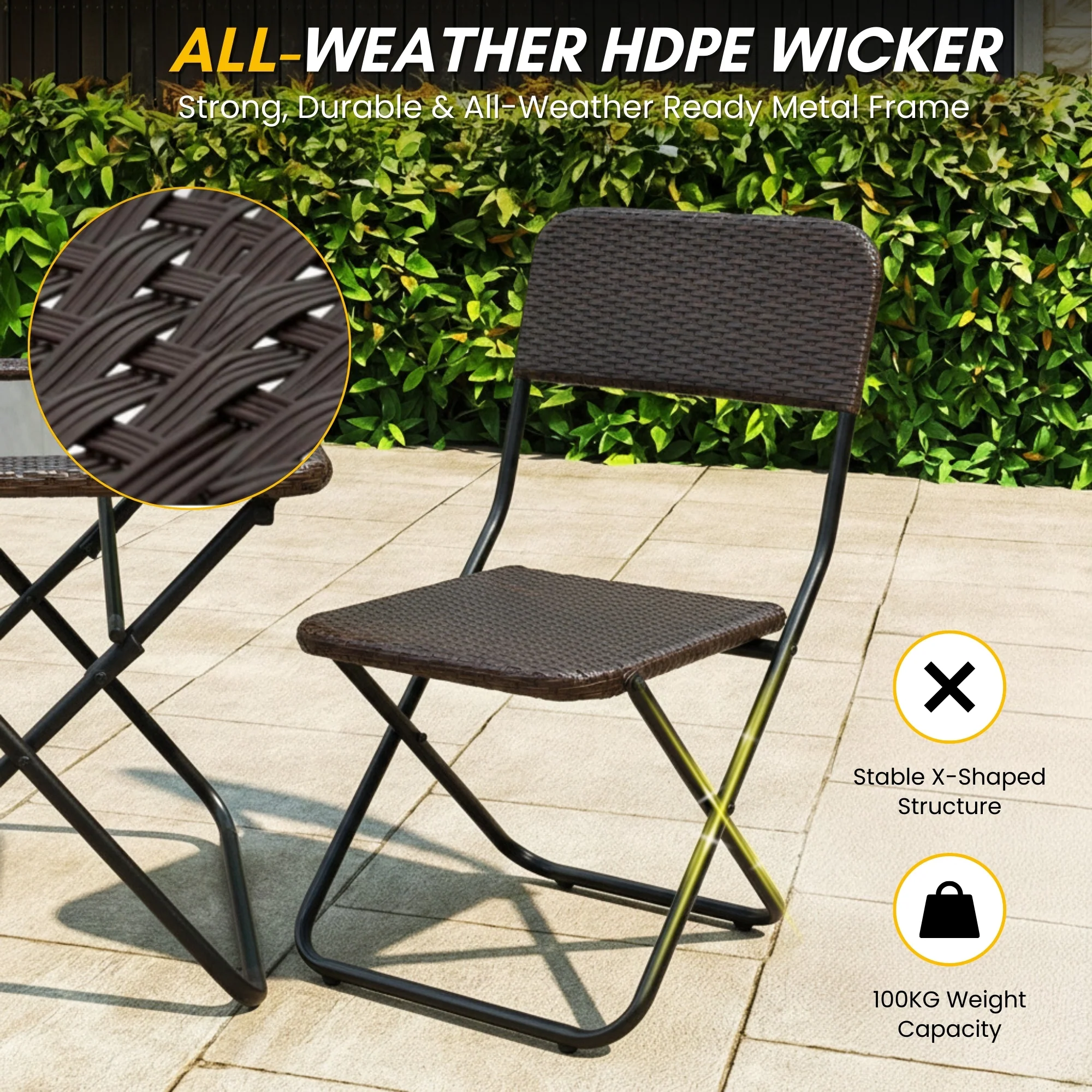3-Piece Outdoor Wicker Folding Patio Set (Dark Brown) - Image 5