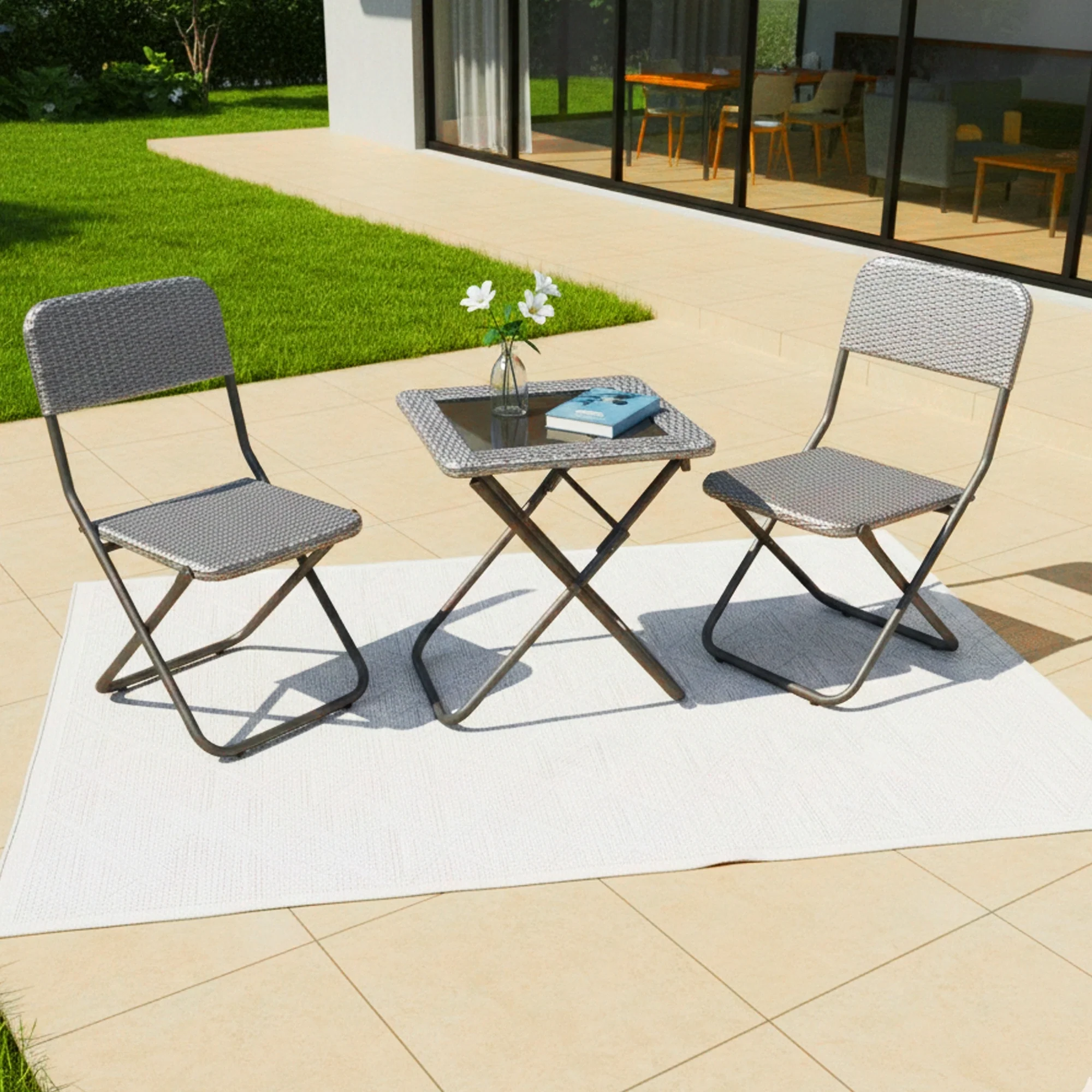 3-Piece Outdoor Wicker Folding Patio Set (Silver)