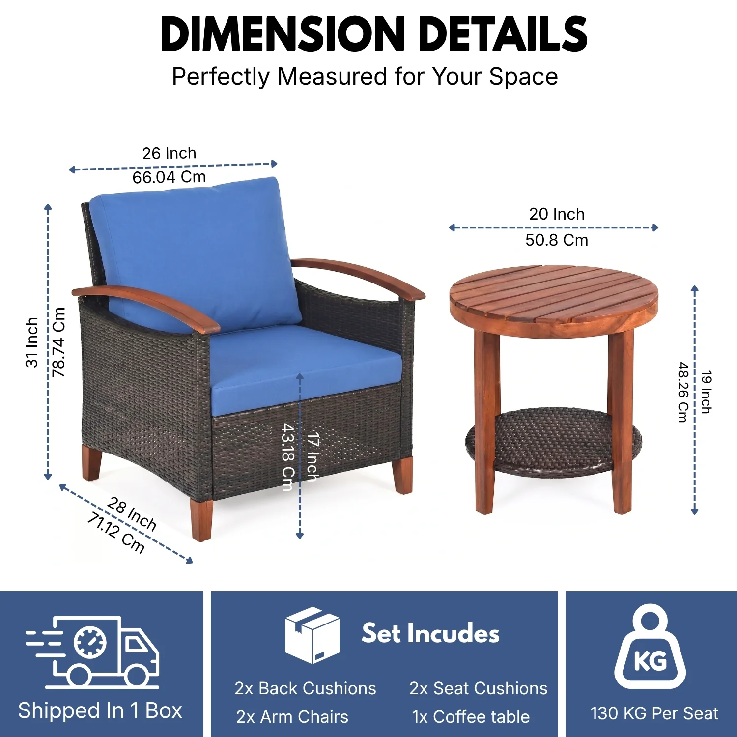 3-Piece Outdoor Wicker Patio Conversation Set (Dark Brown & Blue) - Image 2