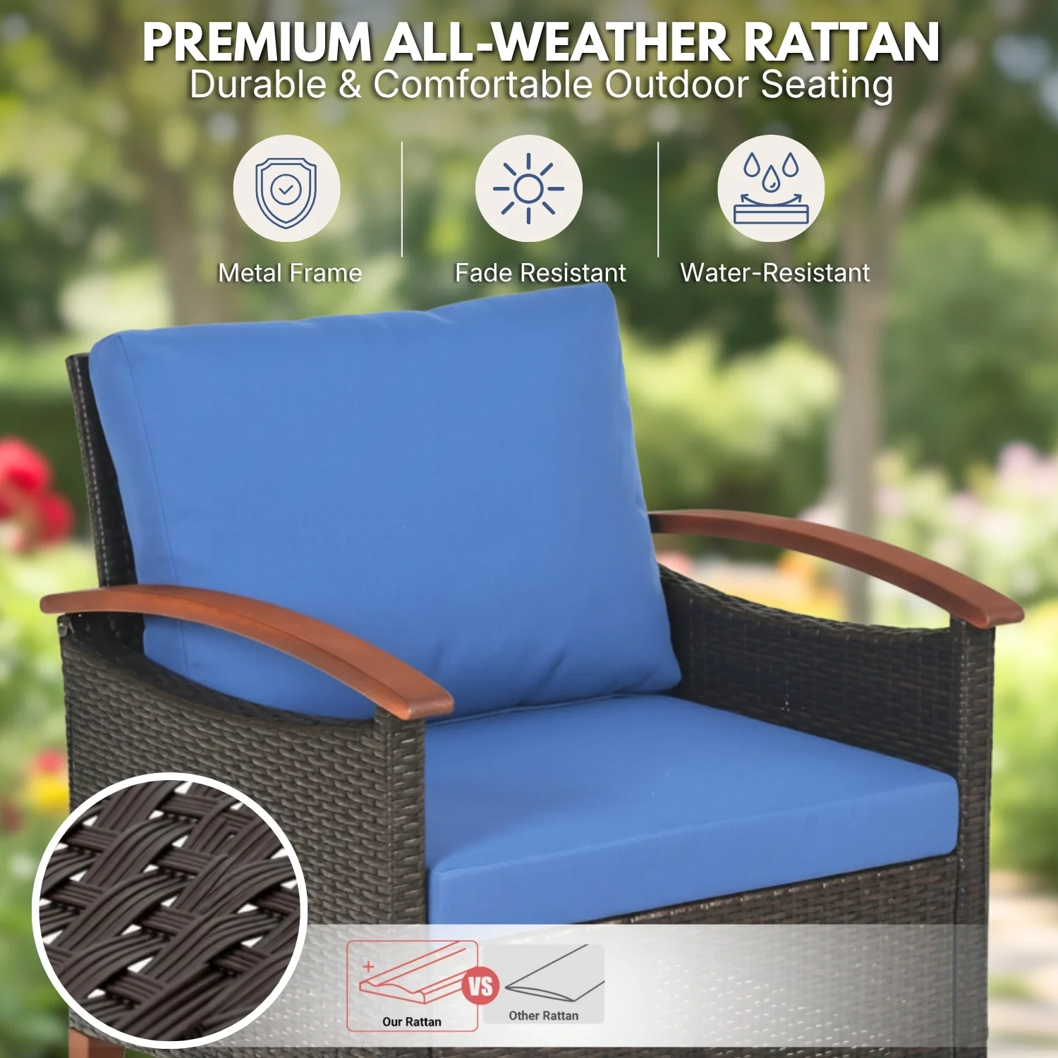 3-Piece Outdoor Wicker Patio Conversation Set (Dark Brown & Blue) - Image 3